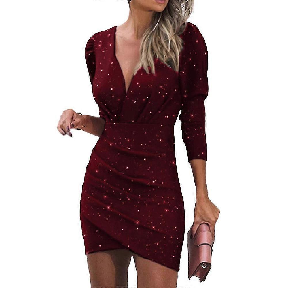 Womens Wrap V Neck Long Sleeve Bodycon Ruched Cocktail Party Dress