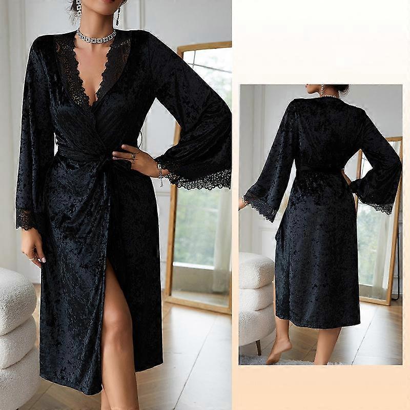Spring Women V Neck Extended Length Seductive Lace Long Sleeve Velvet Robe