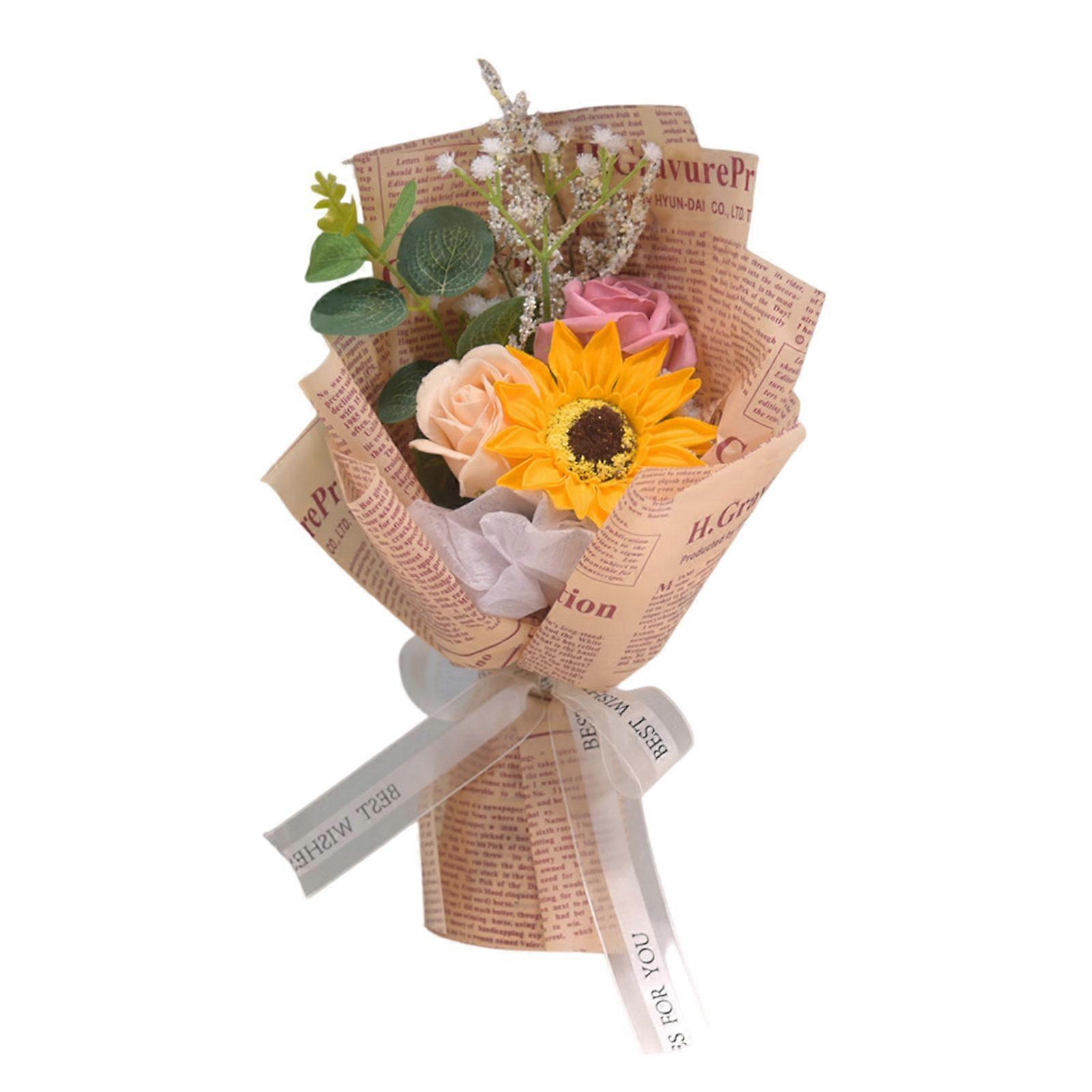 造花の花束石鹸の花びら花のリアルなバラのヒマワリの花束卒業式の誕生日ギフト英語の紙