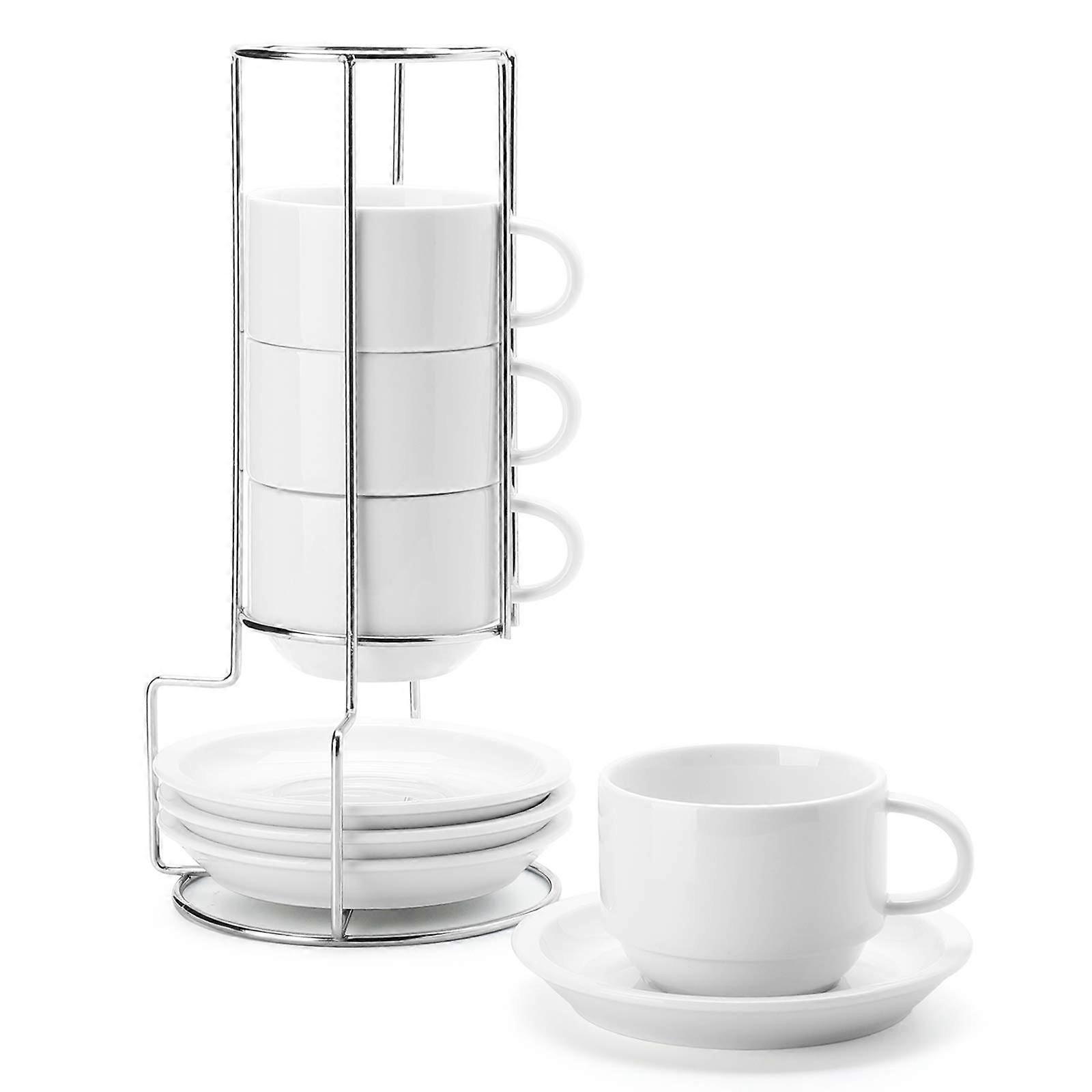 8oz Porcelain Stackable Cappuccino Cups with Saucers & Metal Stand - Set of 4
