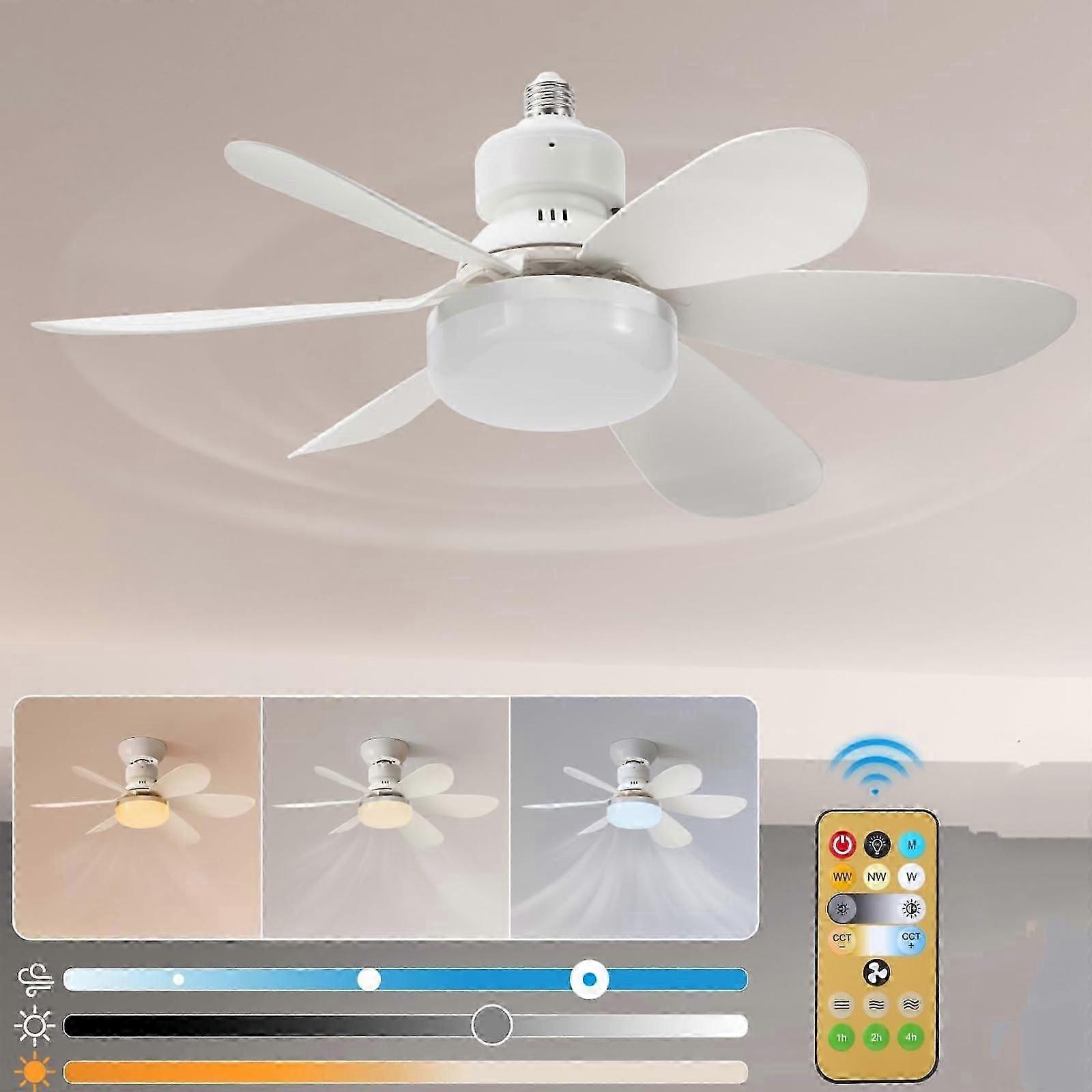 Socket Fan Light With Remote Control, Small Ceiling Fan With Light, 3 Colors Dimmable And 3 Speed Fan Bulb Screw-in White Ceiling Fan For Home Garage
