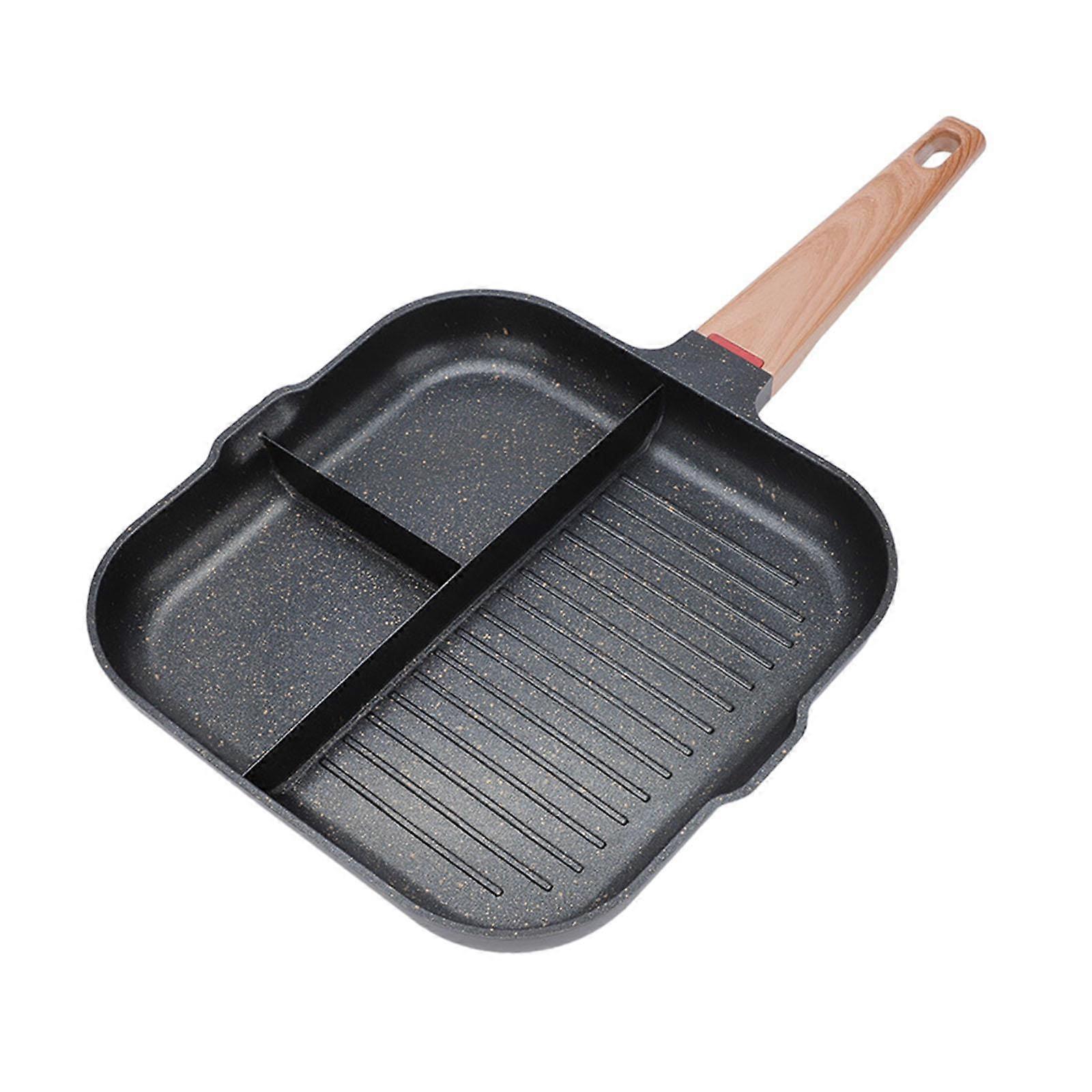 Divided Grill Frying Pan,Breakfast Frying Pan, Wooden Handle Egg Steak Pan, Egg