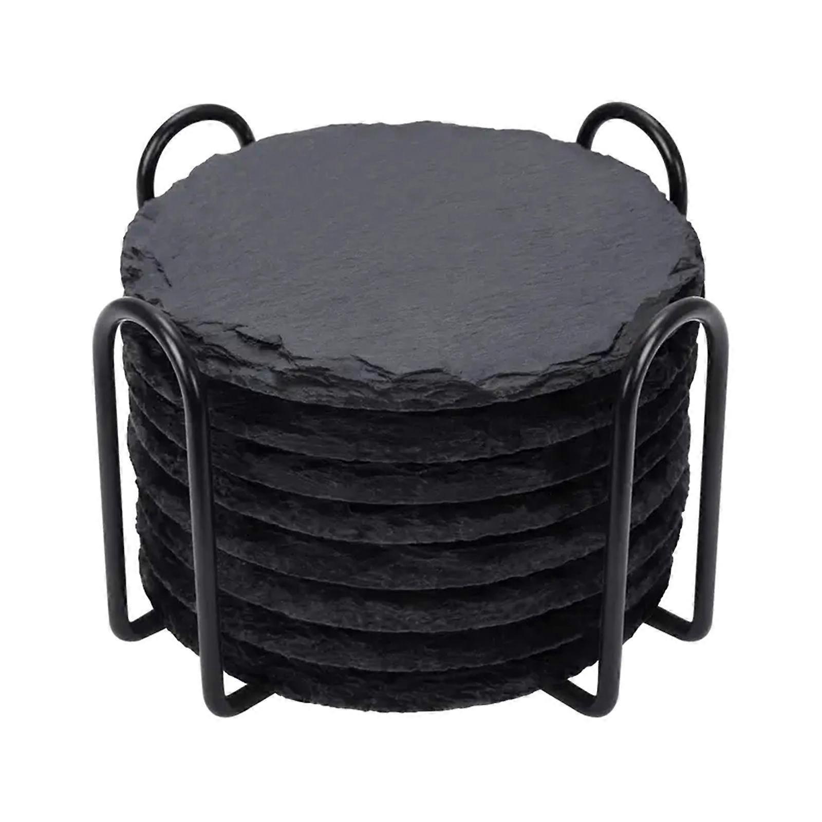 8Pcs Slate Stone Drink Coasters with Holder, Rustic, Stone Coasters Set,Cup