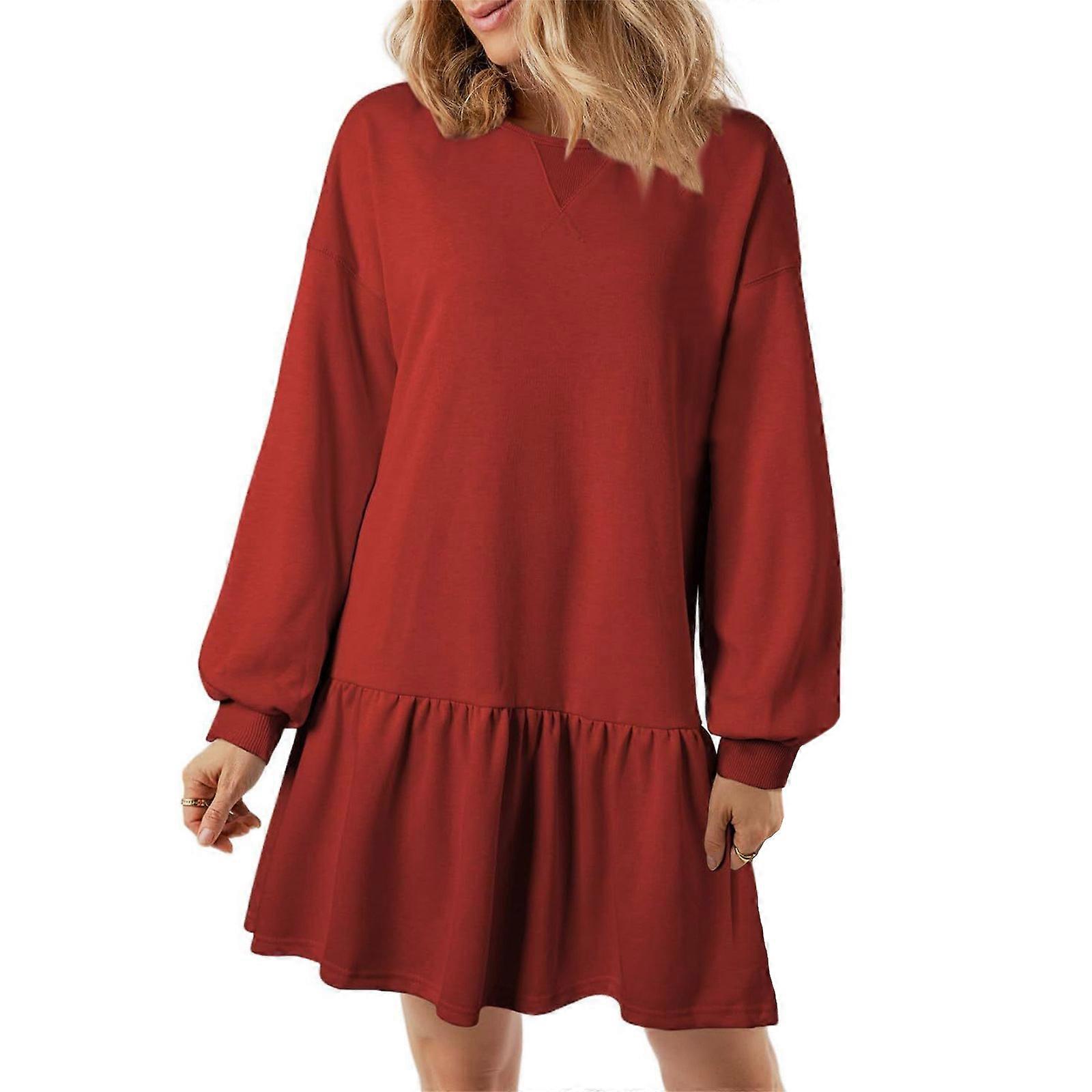 Mini abiti casual larghi per le donne con maniche lunghe e girocollo a coste Pullover stili volant felpa fluida vestito rosso XL