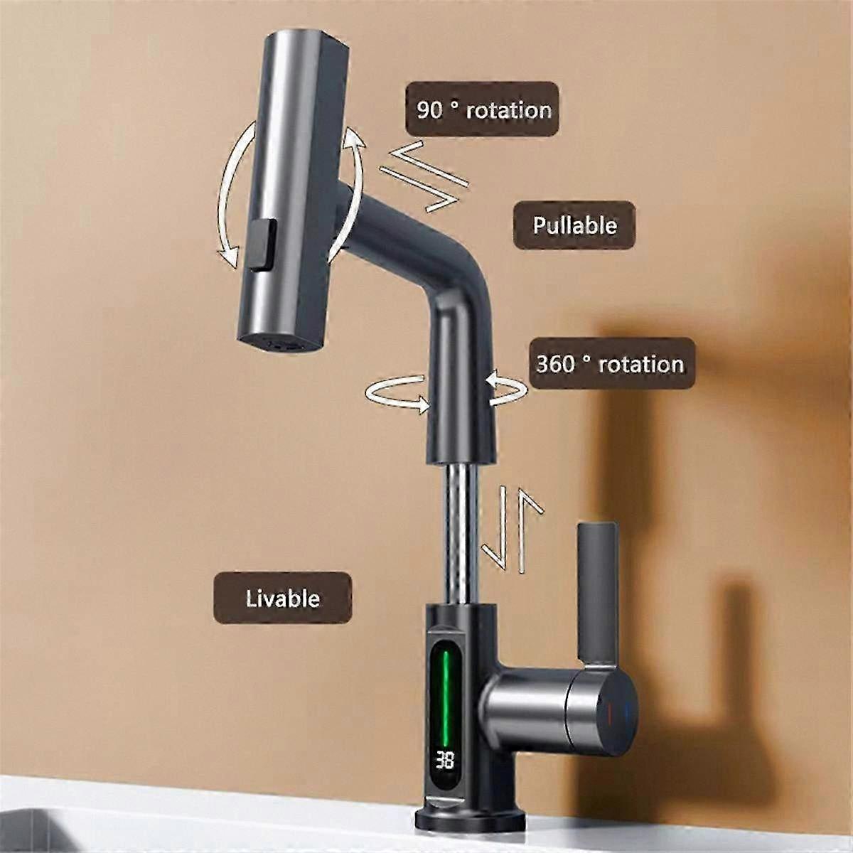 Rainfall Pull-out Kitchen Bathroom Faucet with Temperature Display in White