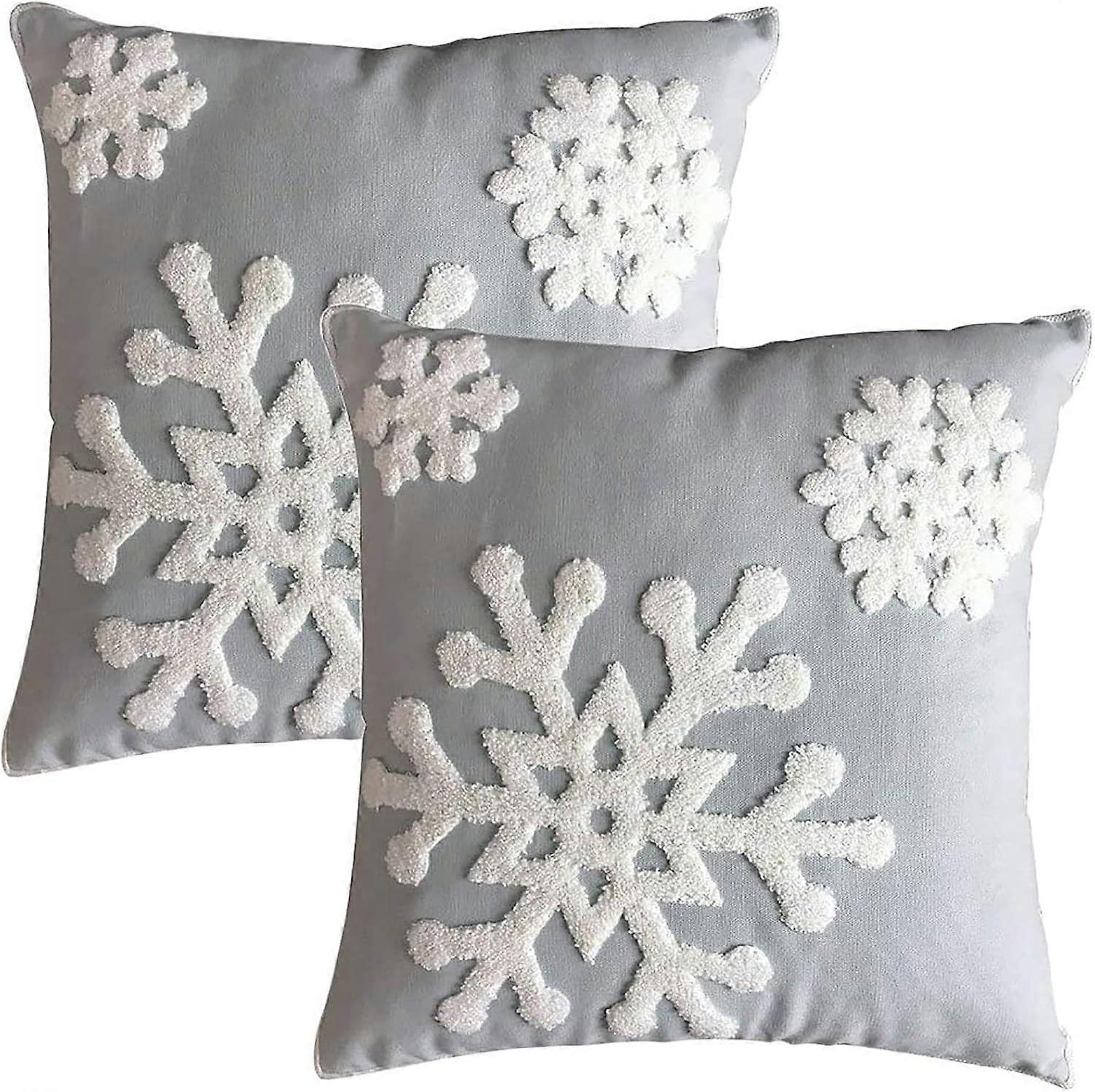 Embroidered Snowflake Linen Pillowcase, Invisible Zipper, Easy Care Microfiber for Year-Round Comfort, Set of 2