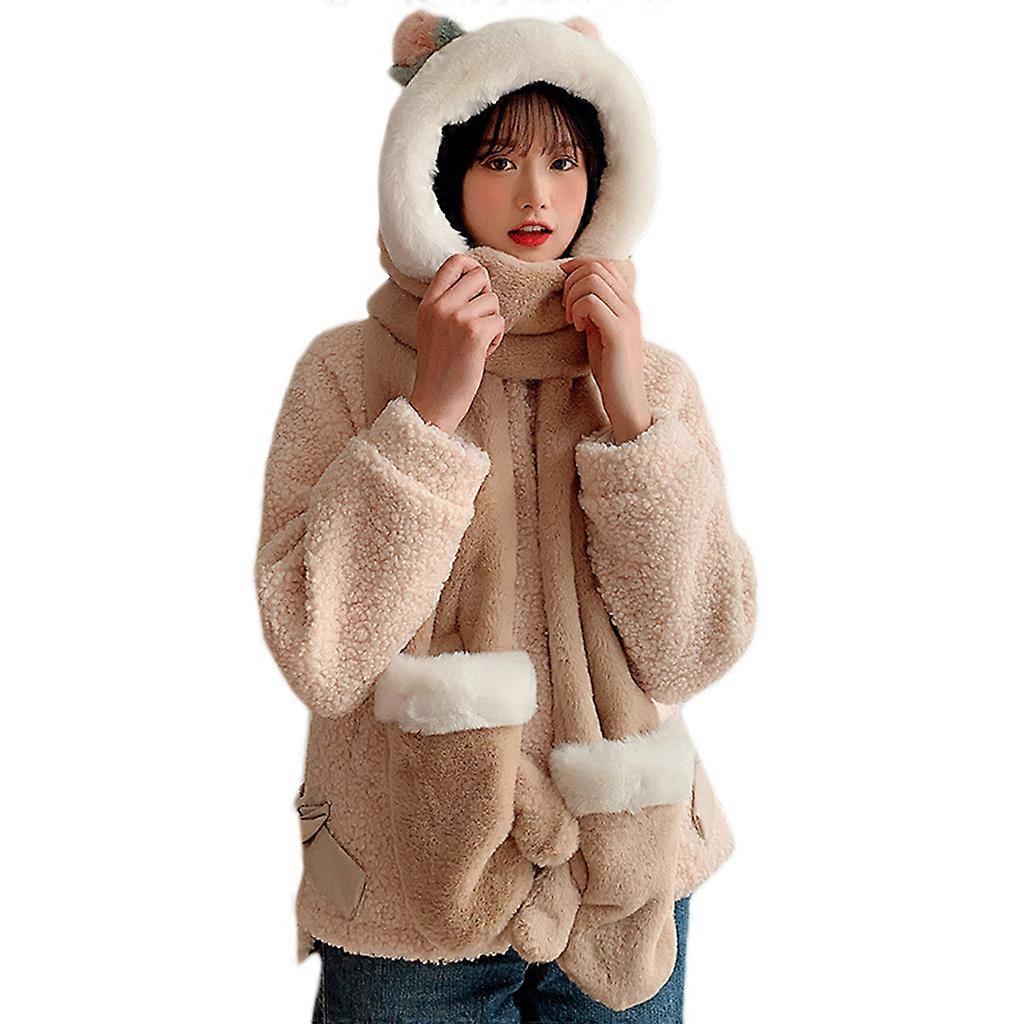 Coupe-vent Écharpe Chapeau D’hiver Écharpe Gants Ensemble Pour Femmes Mignon Chapeau En Peluche Dames Automne Hiver Gants Chauds Écharpe Une Pièce Kaki