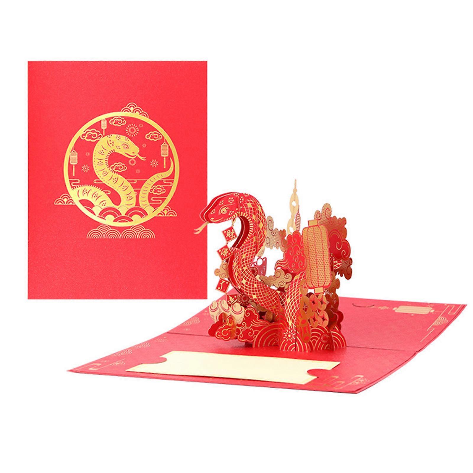 Gold Foil 3D Popup Spring Festival Greeting Card with Envelope Chinese New Year Blessing Card for Family and Friend