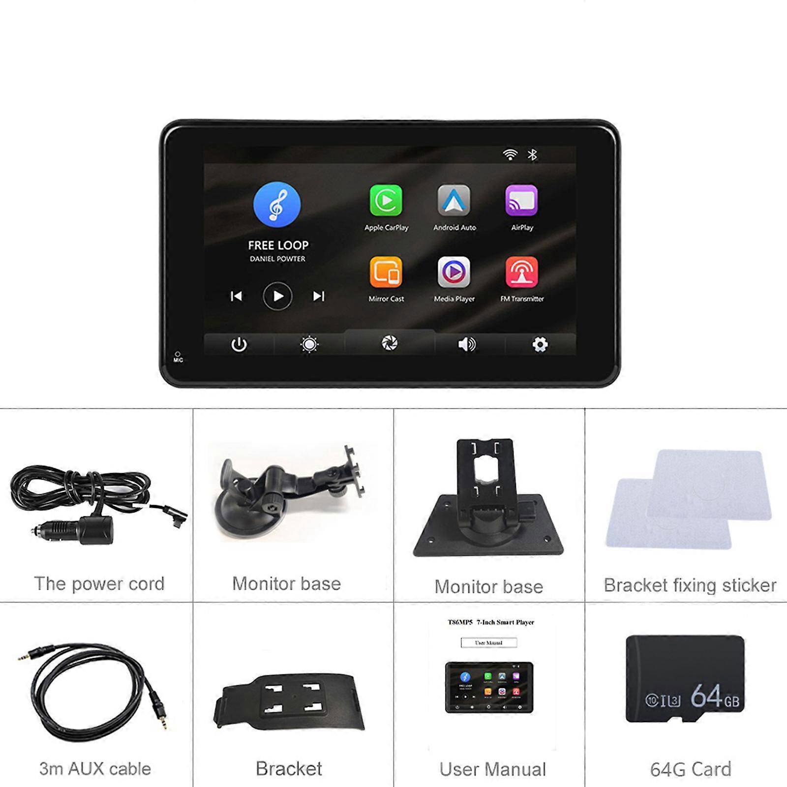 Universal 7in Car Monitor Rearview Video Recording Carplay Wireless Connection High-Definition Display DVR Voice Control Multicolor