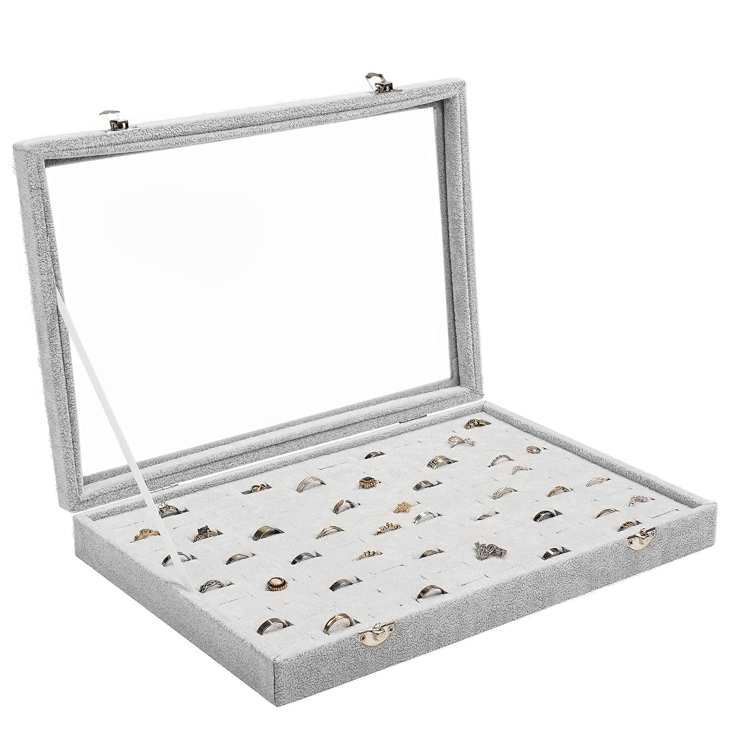 Grey Velvet Ring Storage Box with 100 Compartments and Transparent Glass Lid for Jewellery Organiser and Display Case