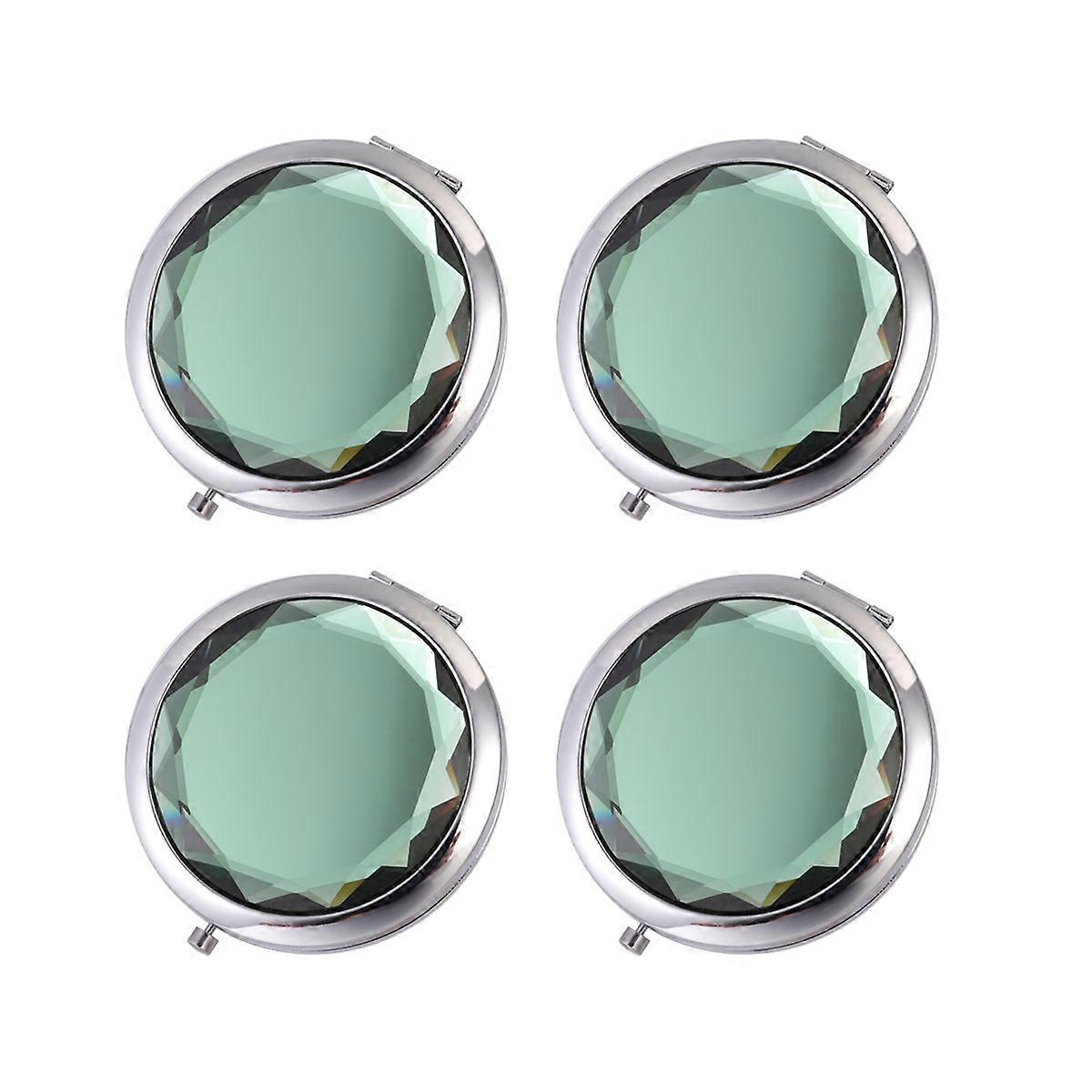 Folding Compact Mirror Metal Crystal Makeup Portable Mirror for Ladies Round Shape Green Color 4Set