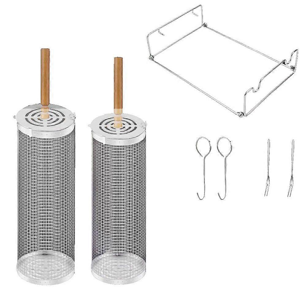 Stainless Steel Cylinder BBQ Basket Set Wire Mesh Rolling Grilling Basket with Wood Handle for Outd