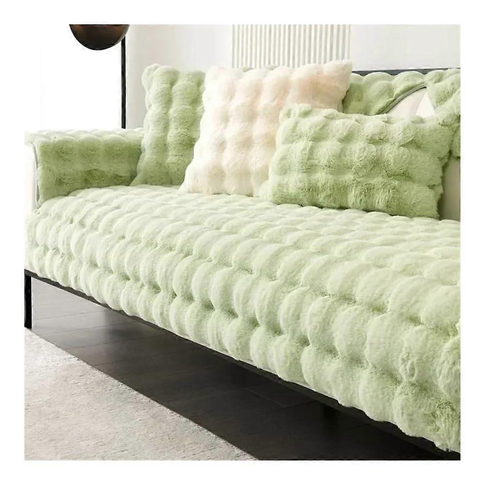 Thick Rabbit Plush Sofa Cover, NonSlip, Universal LShaped Couch Protector, Light Green, 110x210cm
