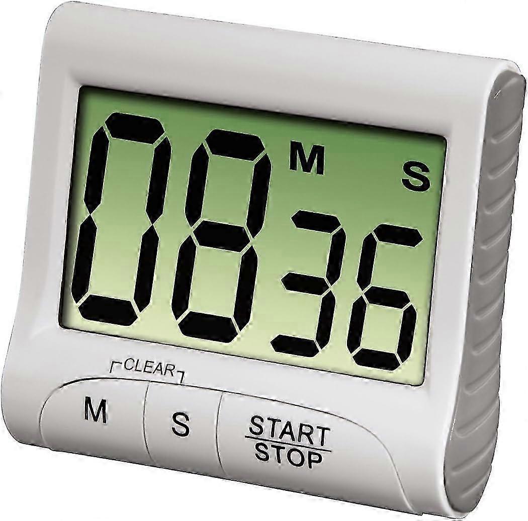 "Countdown" kitchen timer (has timer and stopwatch functions, attaches via magnet, clip, bracket or stand, battery powered, digital)
