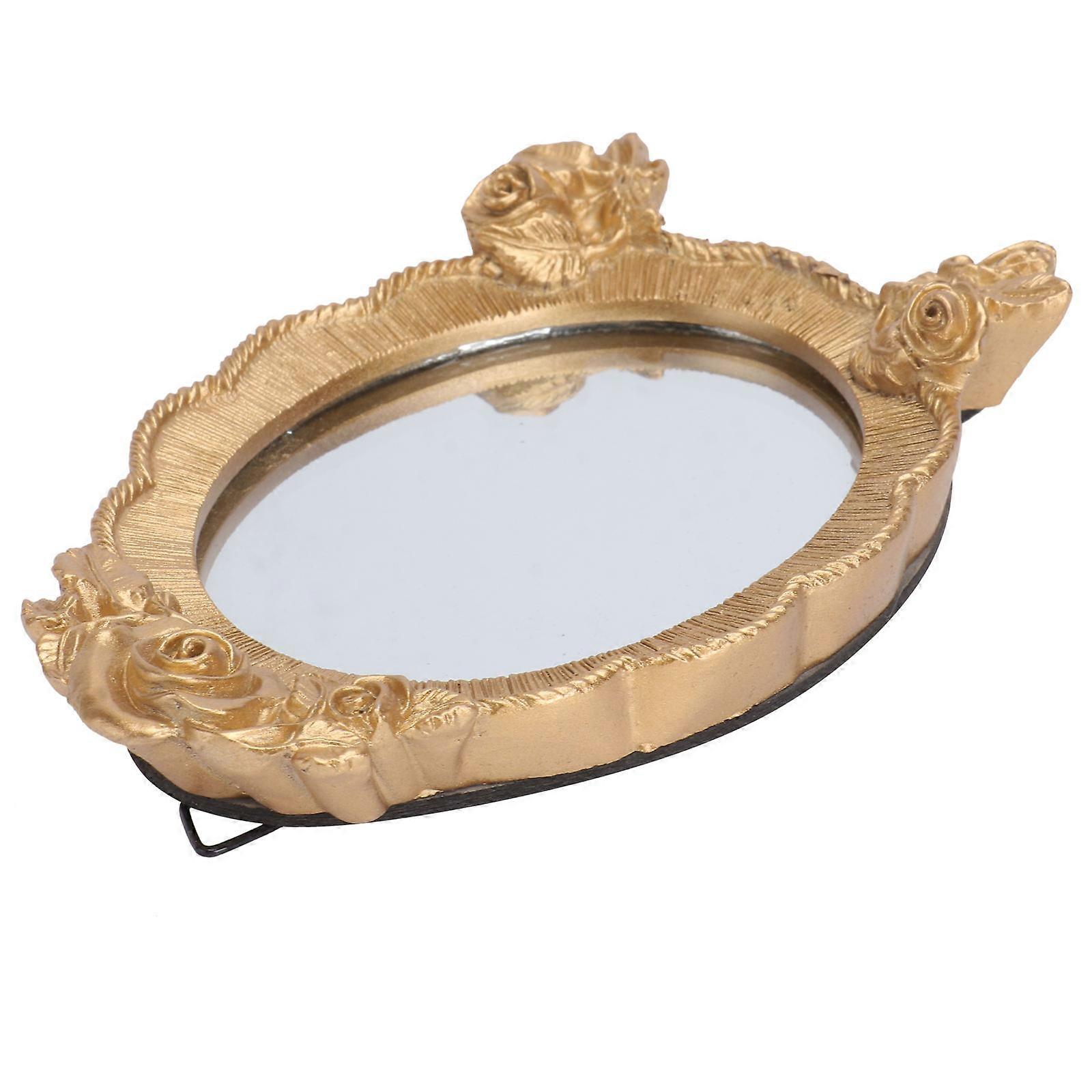 Dainty Handheld Mirror Retro Handheld Mirror Portable Resin Makeup Mirror Golden Reapply Makeup 1Pc