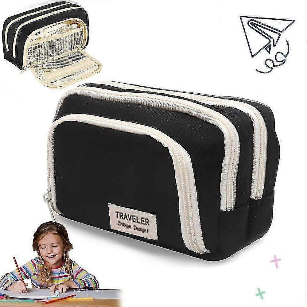Pencil case, 3 compartments, pencil pocket, spacious stationery box with ample storage