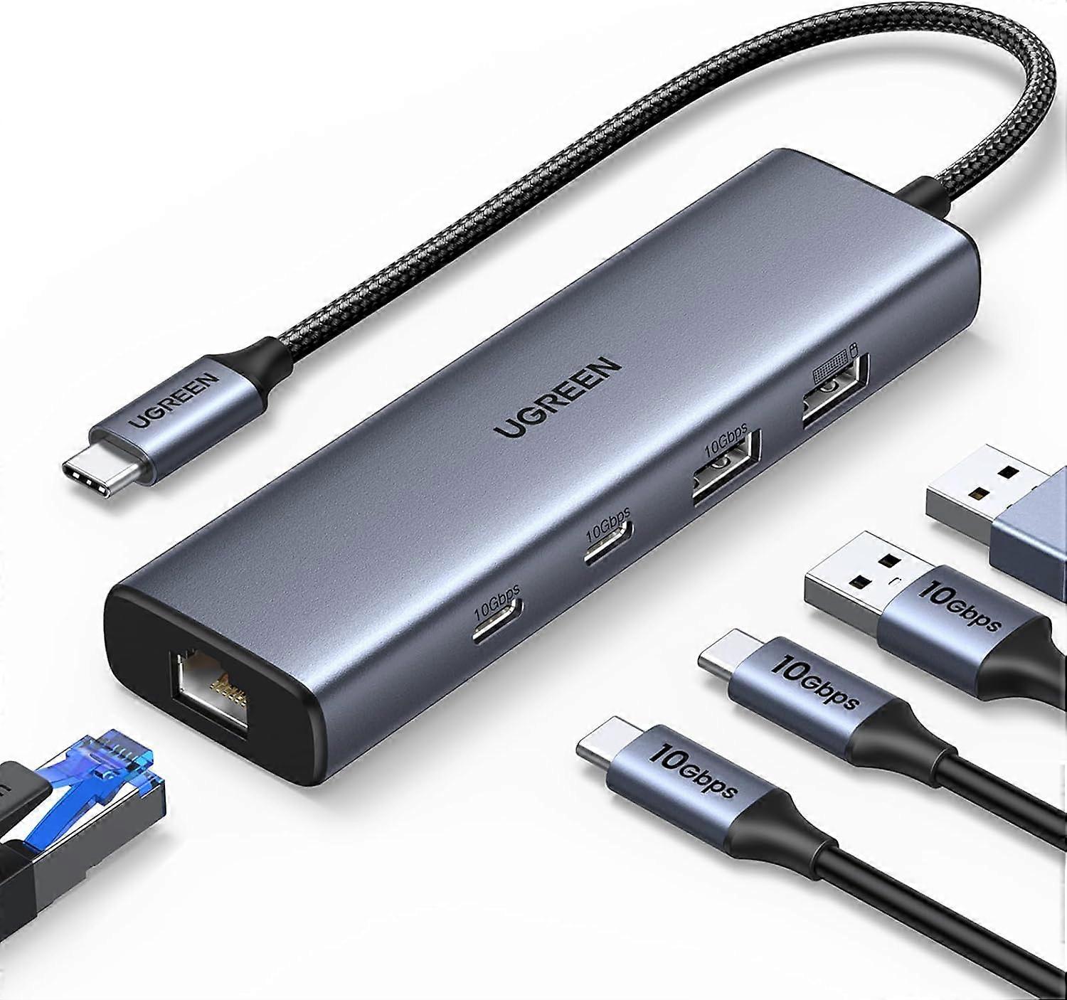 USB C auf Ethernet Adapter, 10 Gbit/s Datenanschlüsse 5 in 1 USB C Hub Ethernet mit 2* USB-C 3.2, USB-A 3.2/2.0, Gigabit RJ45 für