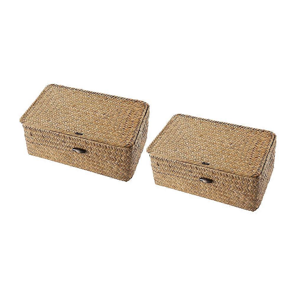Small Storage Bins Handwoven Basket With Lid Style Rectangular Seaweed Material Bathroom Kitchen Organizer 2Pcs