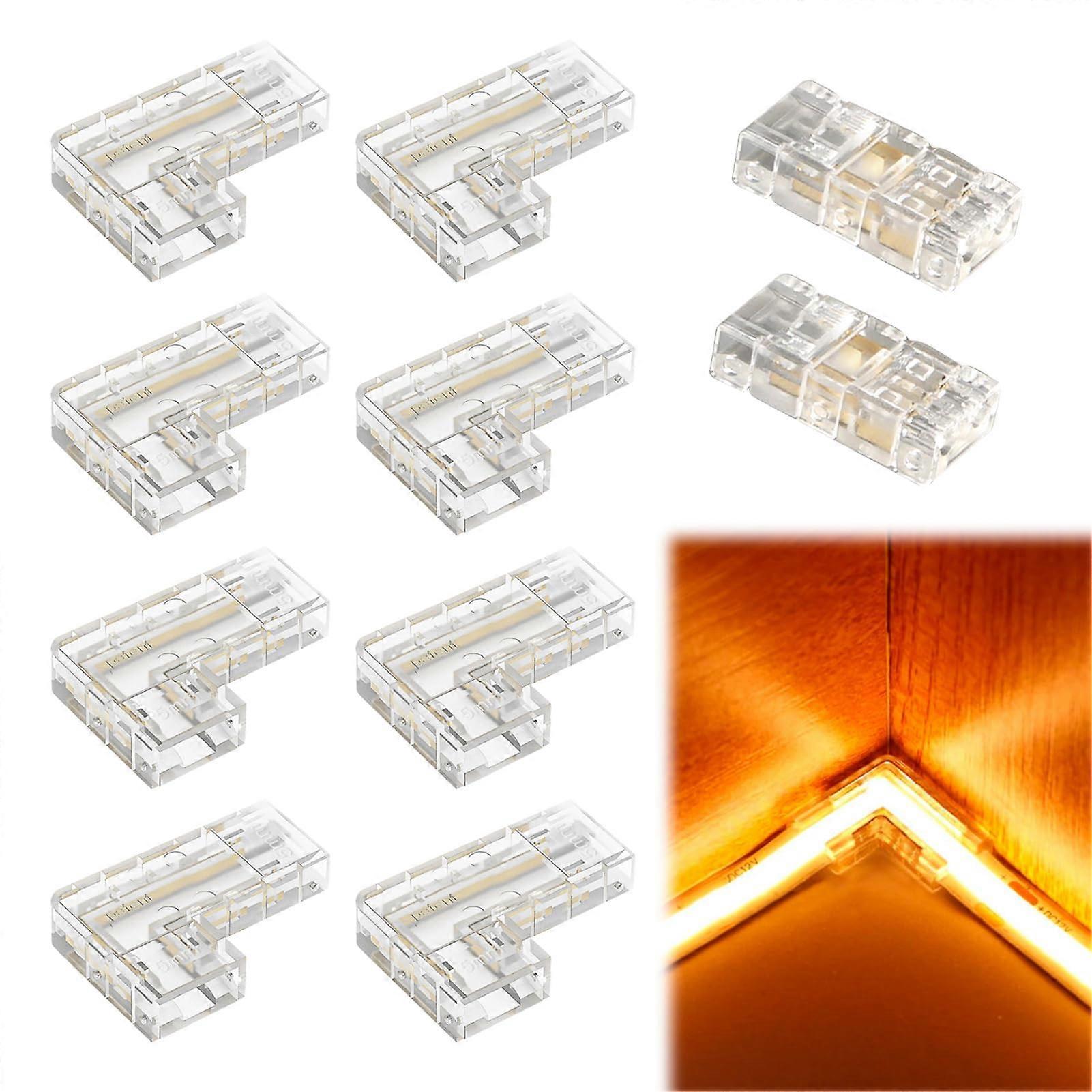 COB LED Strip Connectors 10 Pack 2-Pin 5mm Width, 8 L-Shaped Corner Connectors, 2 Middle Connectors, Solder-Free, Transparent for 12V/24V COB LED