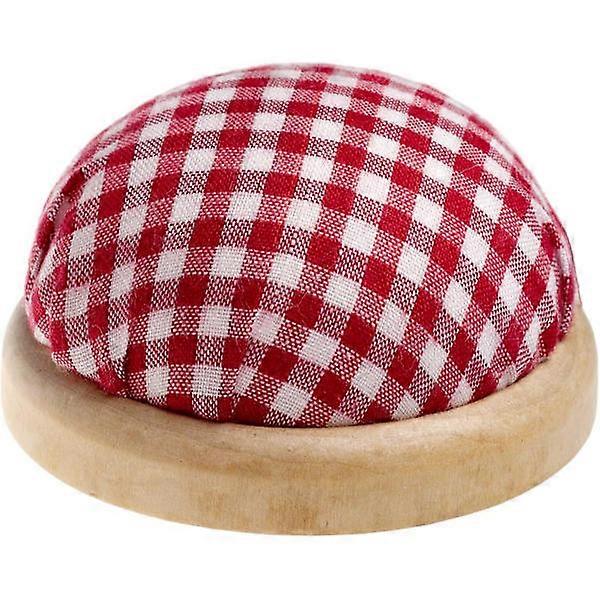 Round board - Pin cushion with light wooden edge, color: red and white (checkered pattern).