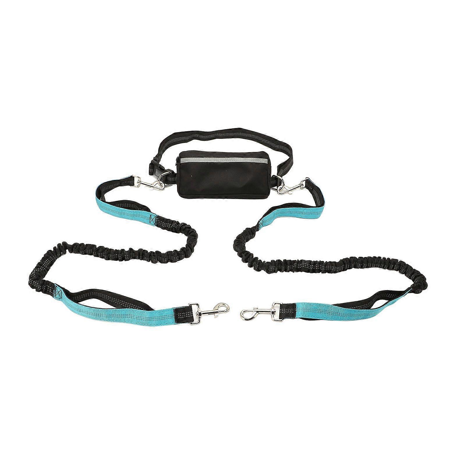 Two Dogs Running Waist Leash with Waist Bag Dual Handles Reflective Stitches Adjustable Waist Belt Dog Leash for Walking Sky Blue