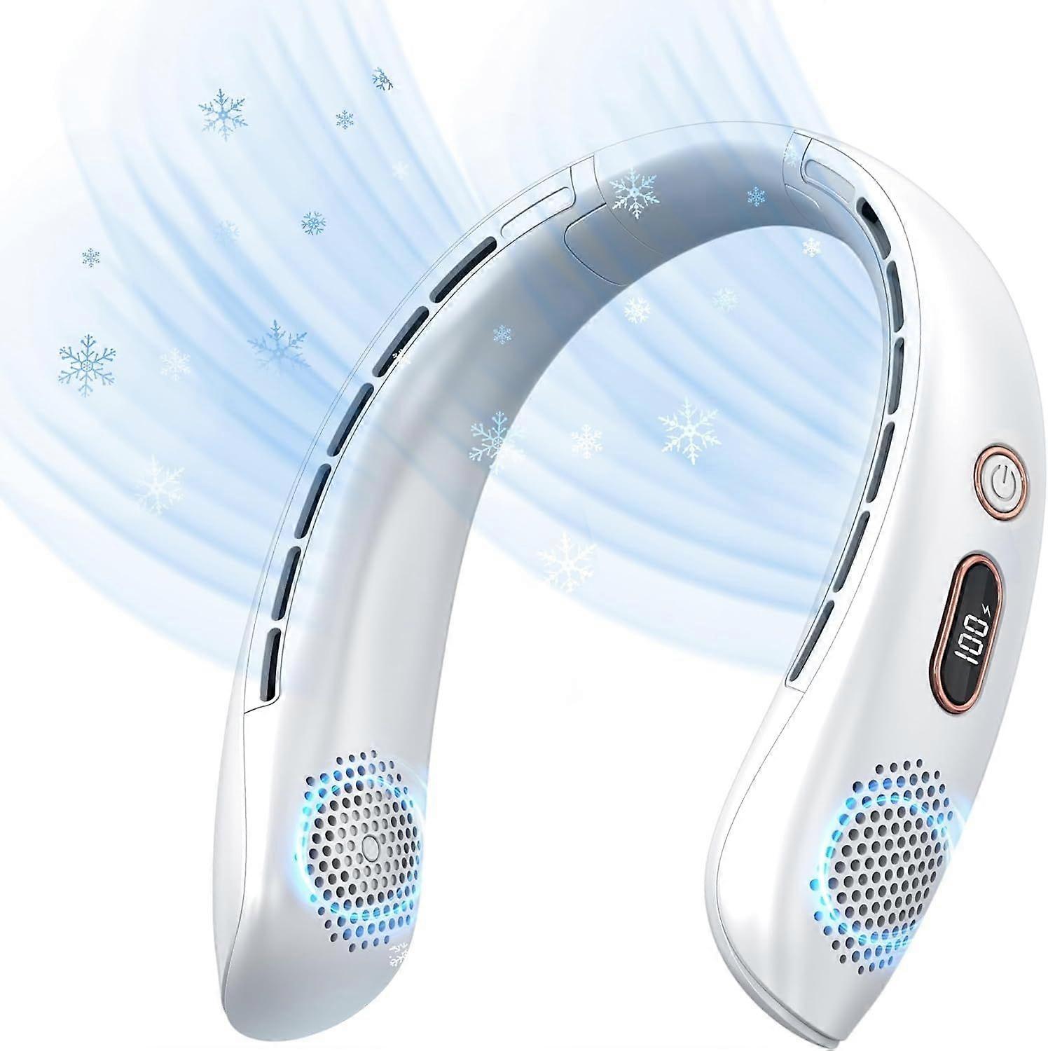Neck Fan, Portable Bladeless Fan, 3000mAh Battery USB Rechargeable, LED Display, 360 Cooling, 3 Speeds, Quiet - White