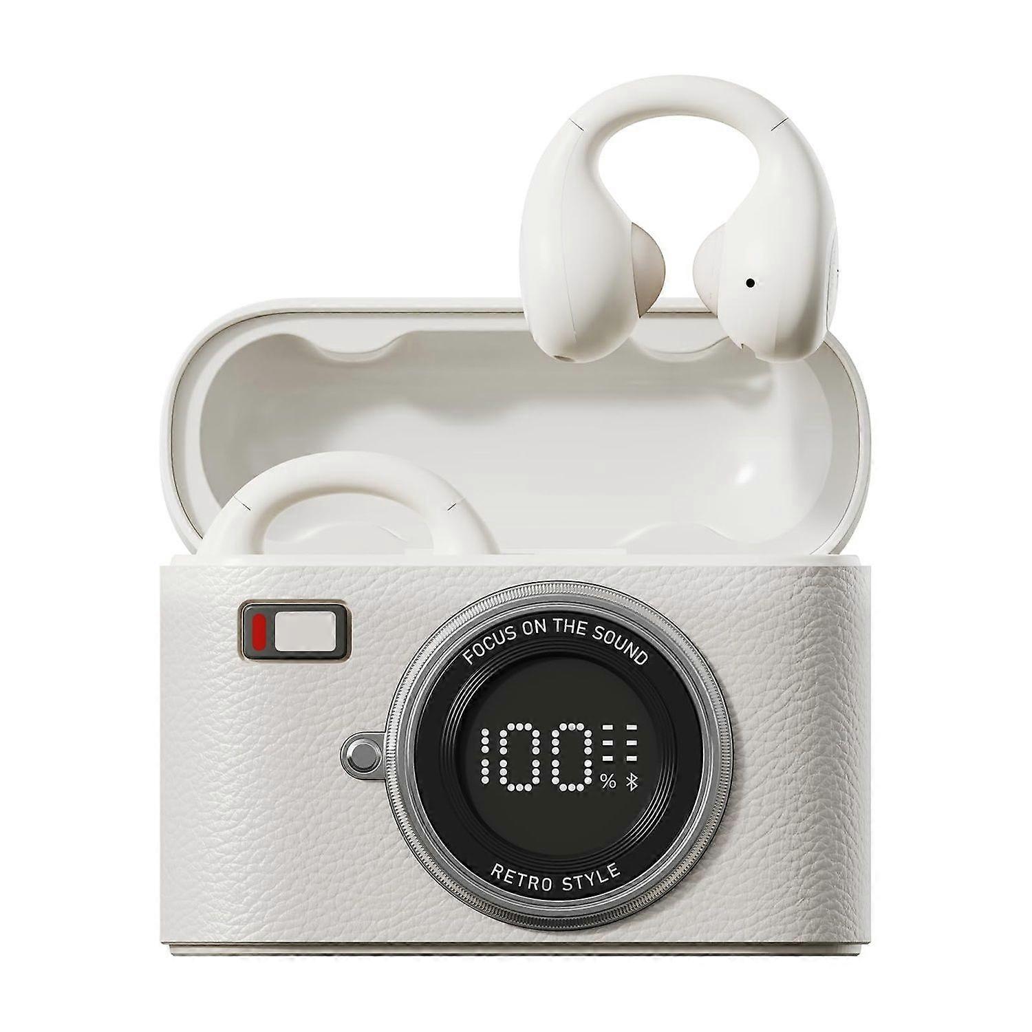 Open Ear Clip Headphones Bluetooth 5.4 With 4HD Microphones LED Display(White)