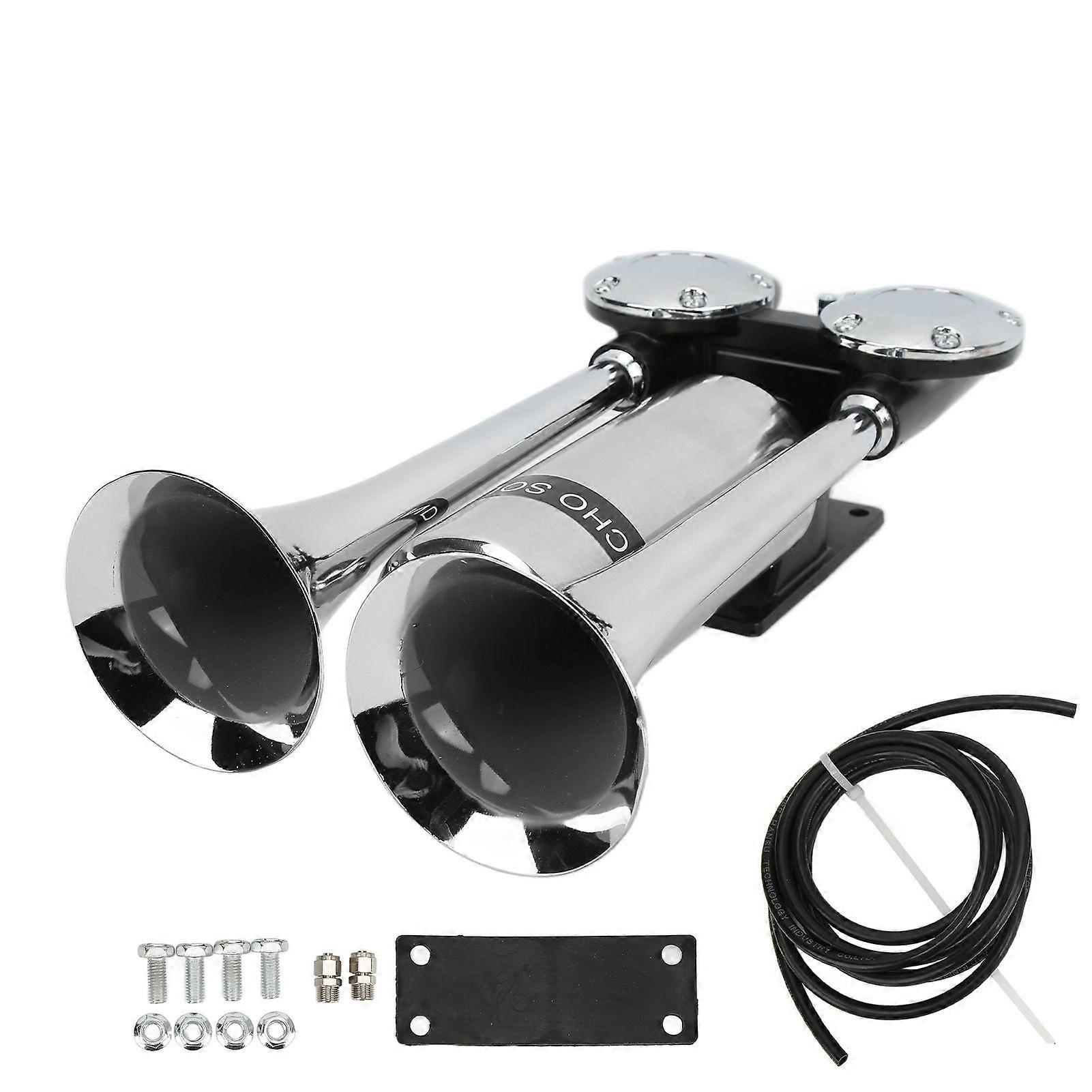 300DB Car Air Horn Zinc Alloy Chrome Plating Double Tube Loudspeaker for Train Ship SUV RV Truck Motorcycle DC 12V/24V