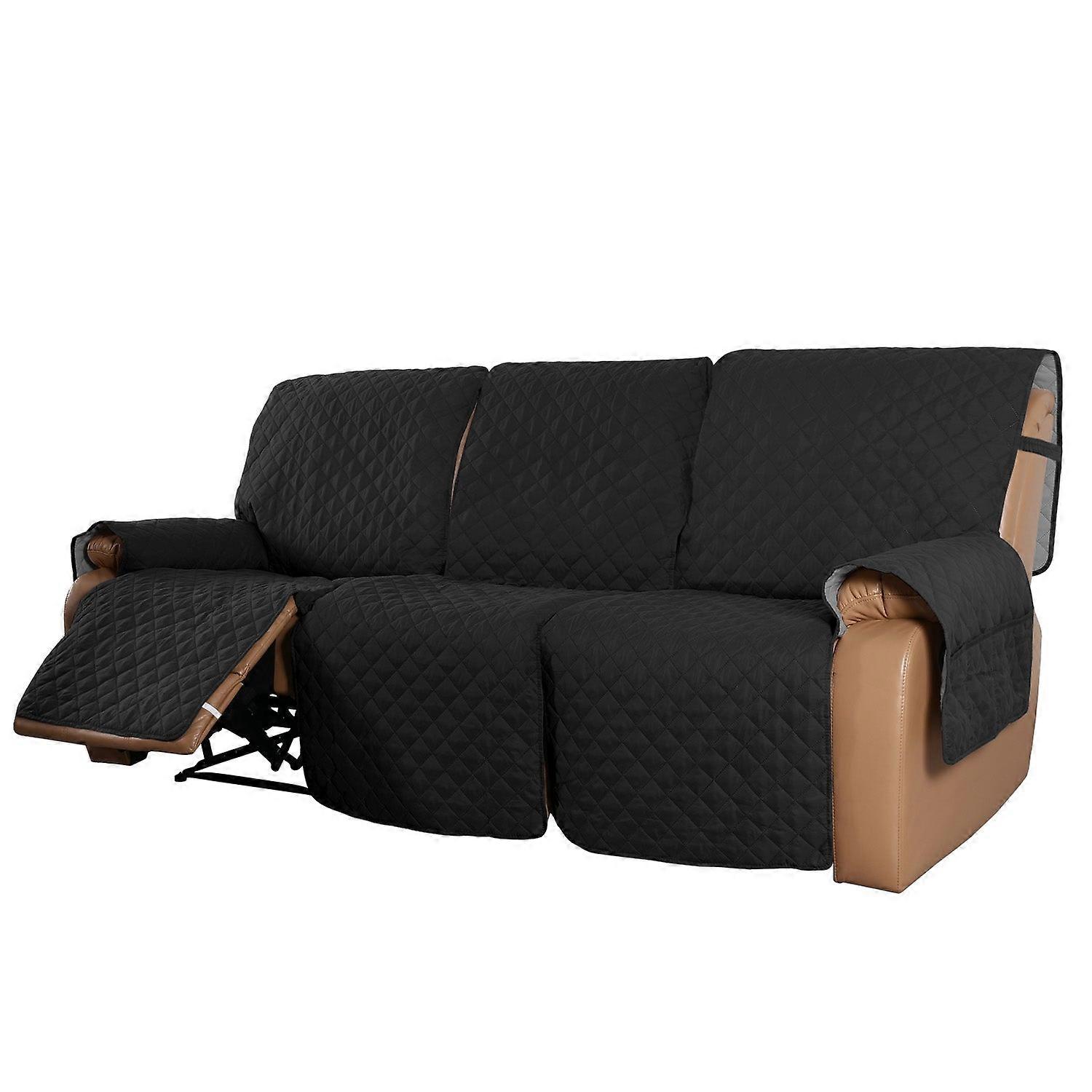 Recliner Sofa Cover With Pocket, Slipcovers Reversible Washable Elastic Adjustable Strap For Home(3 Seater,black)