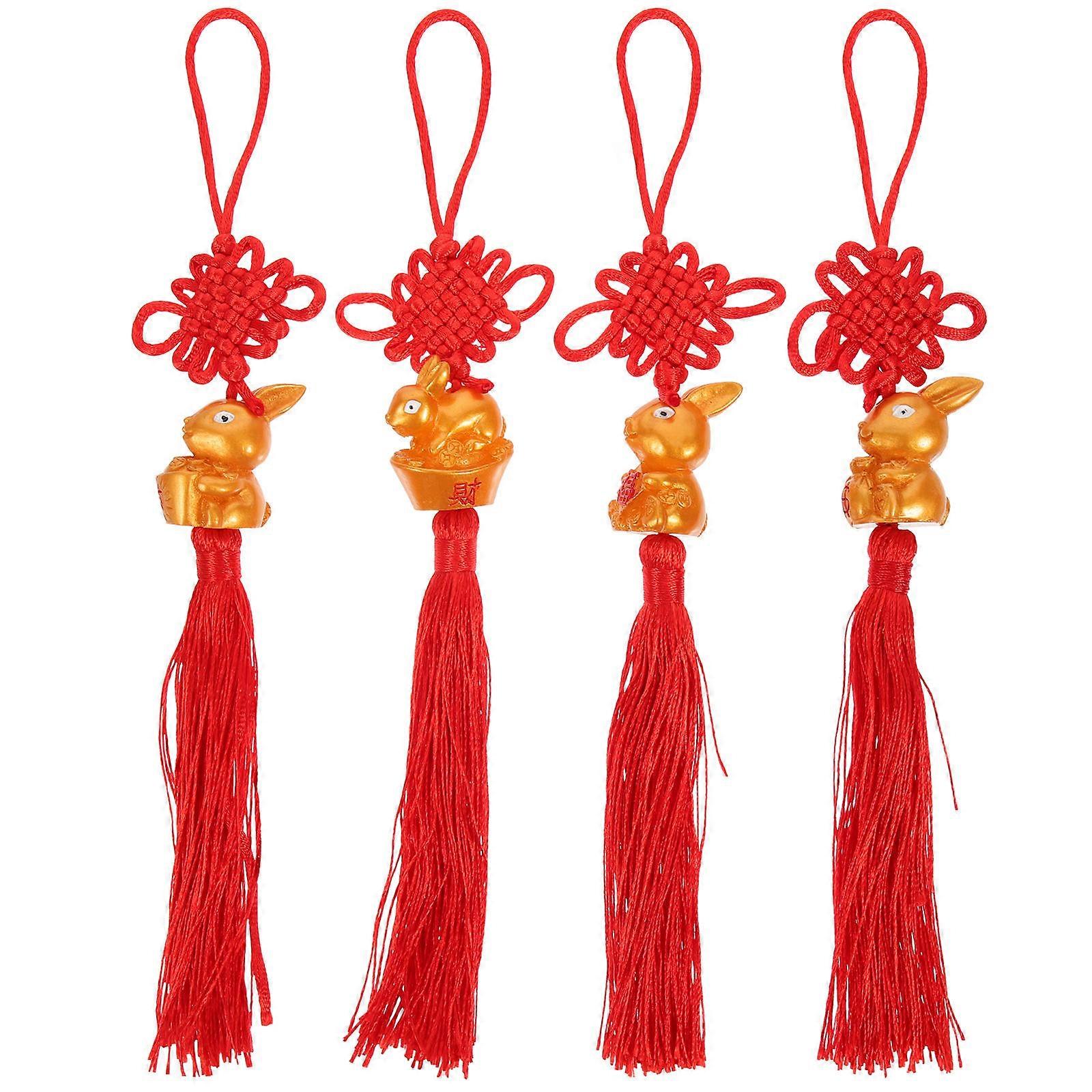 Gold Rabbit Pendant Chinese Knot Hanging Decor for New Year 4Pcs Red Resin Polyester