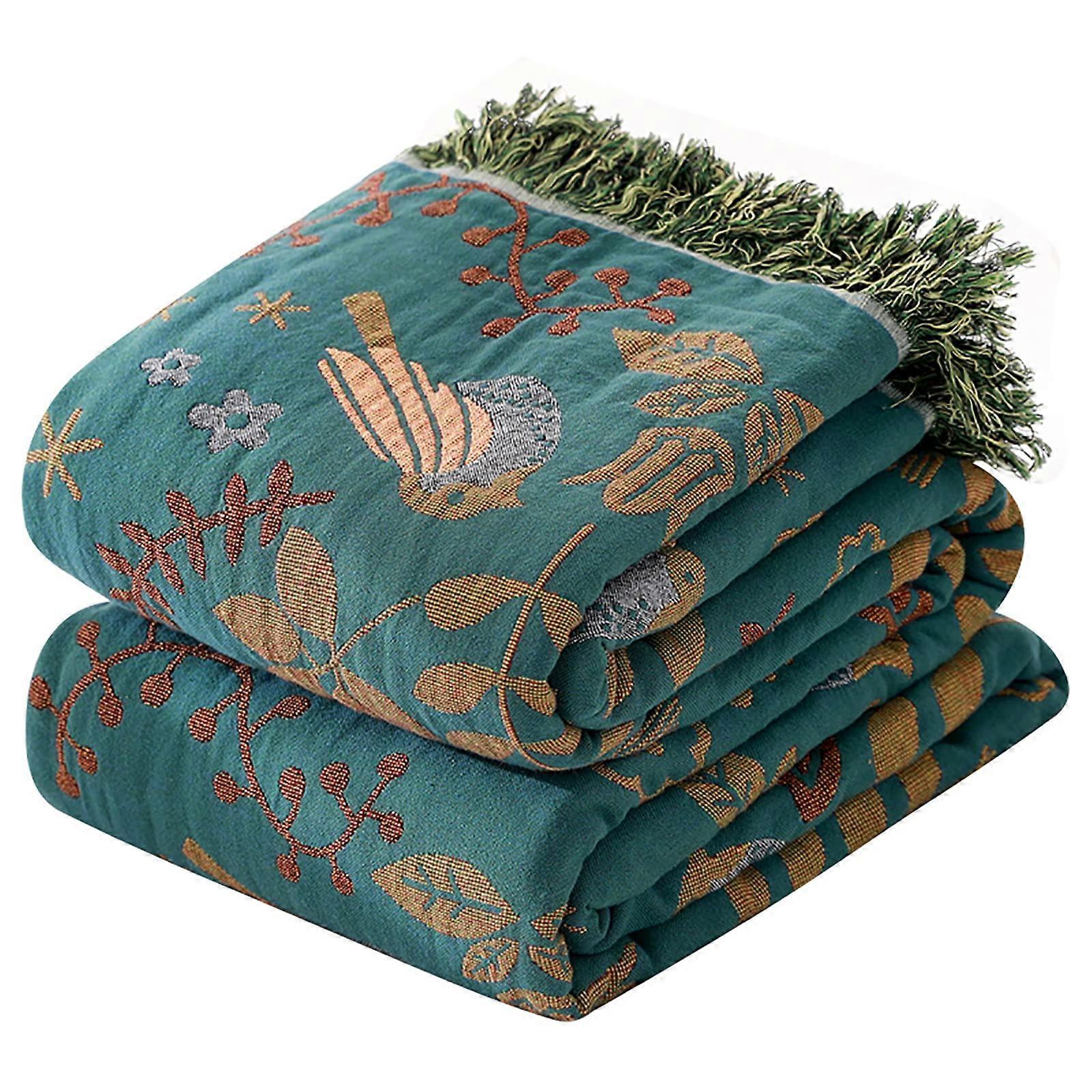 Cotton Bed Throw with Tassels, DoubleSided Bohemian Sofa Throw, 150x200 cm, Woven Warm Blanket, Green/White/Blue Bird