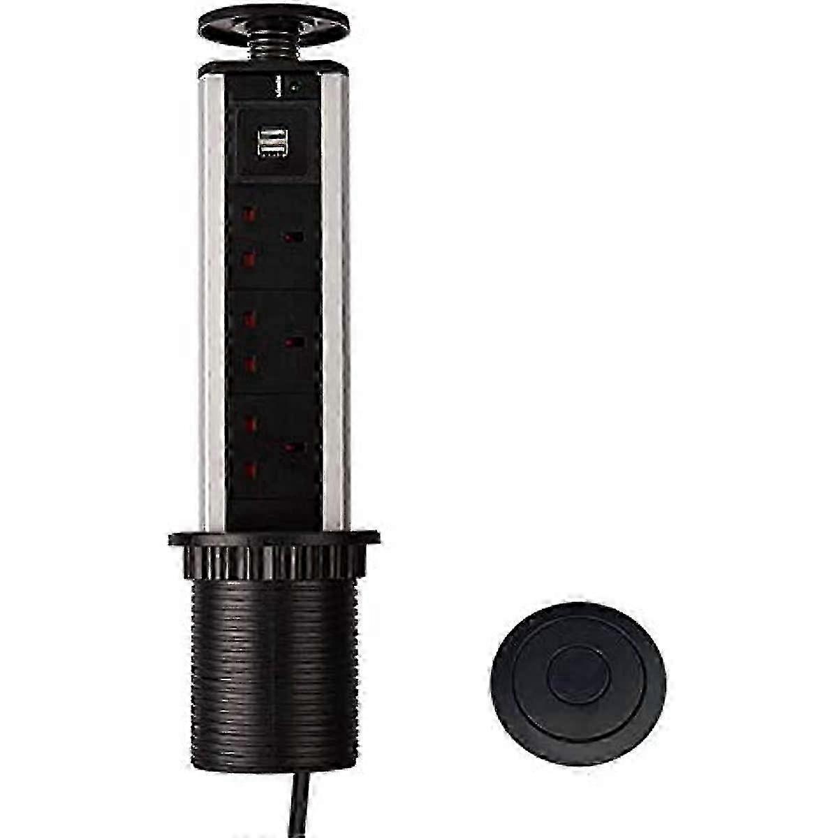 Pull Pop Up Electrical Plug Socket with USB for Kitchen Worktops (Black) Edition 0927