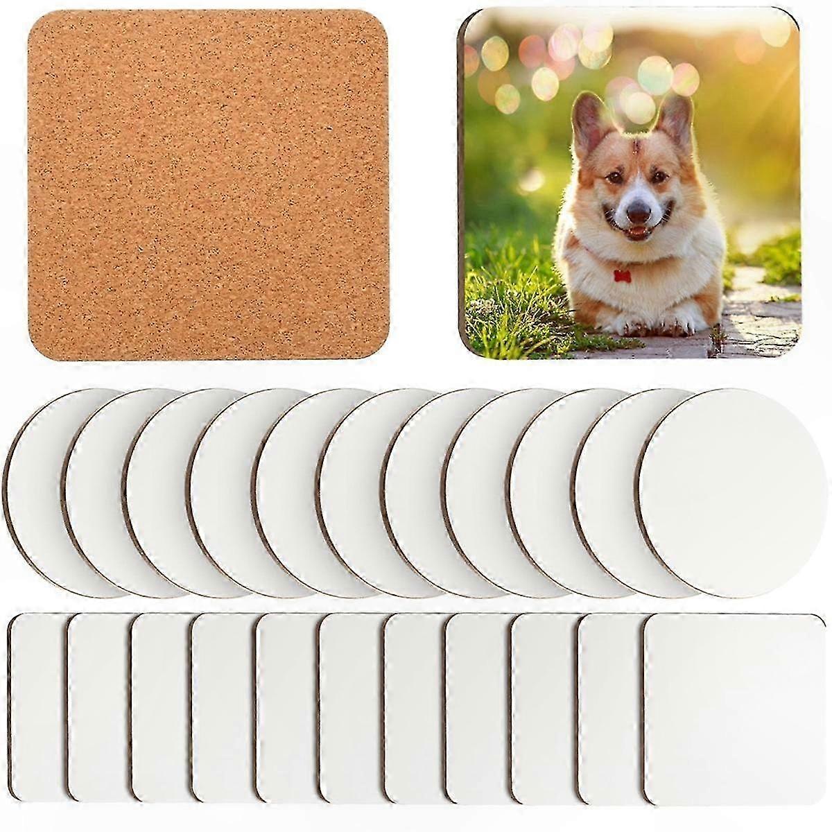 24 Pcs 4x4 Inch Sublimation Coasters, Hardboard Cork MDF Blanks for Car (Round & Square)