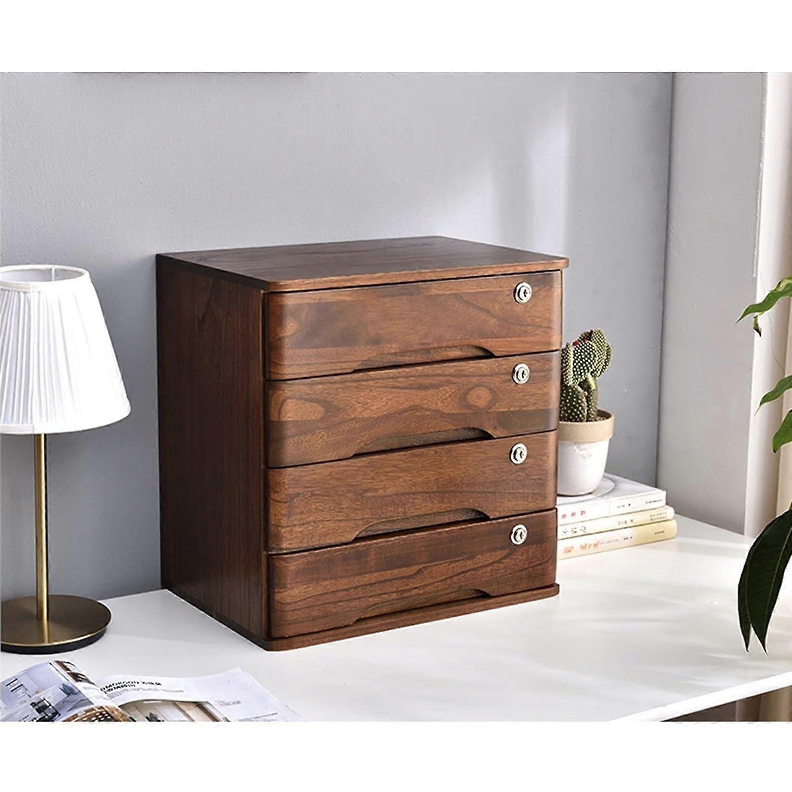 Solid Wood Desktop Storage Box With Drawers A4 File Cabinet Lockable 40x28x40 CM Wooden Desk Organizer