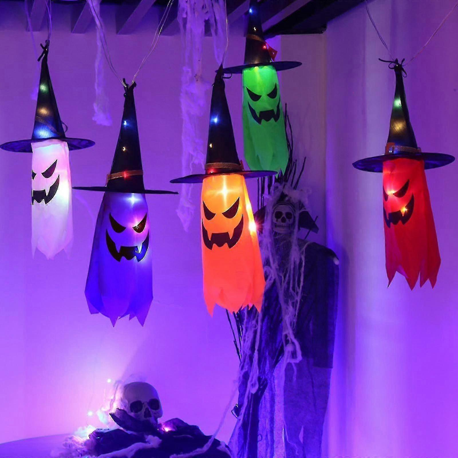 Halloween Led Flashing 5 Strings Colorful Hanging Ghost Halloween Party Dress Up Glowing Wizard Hat O