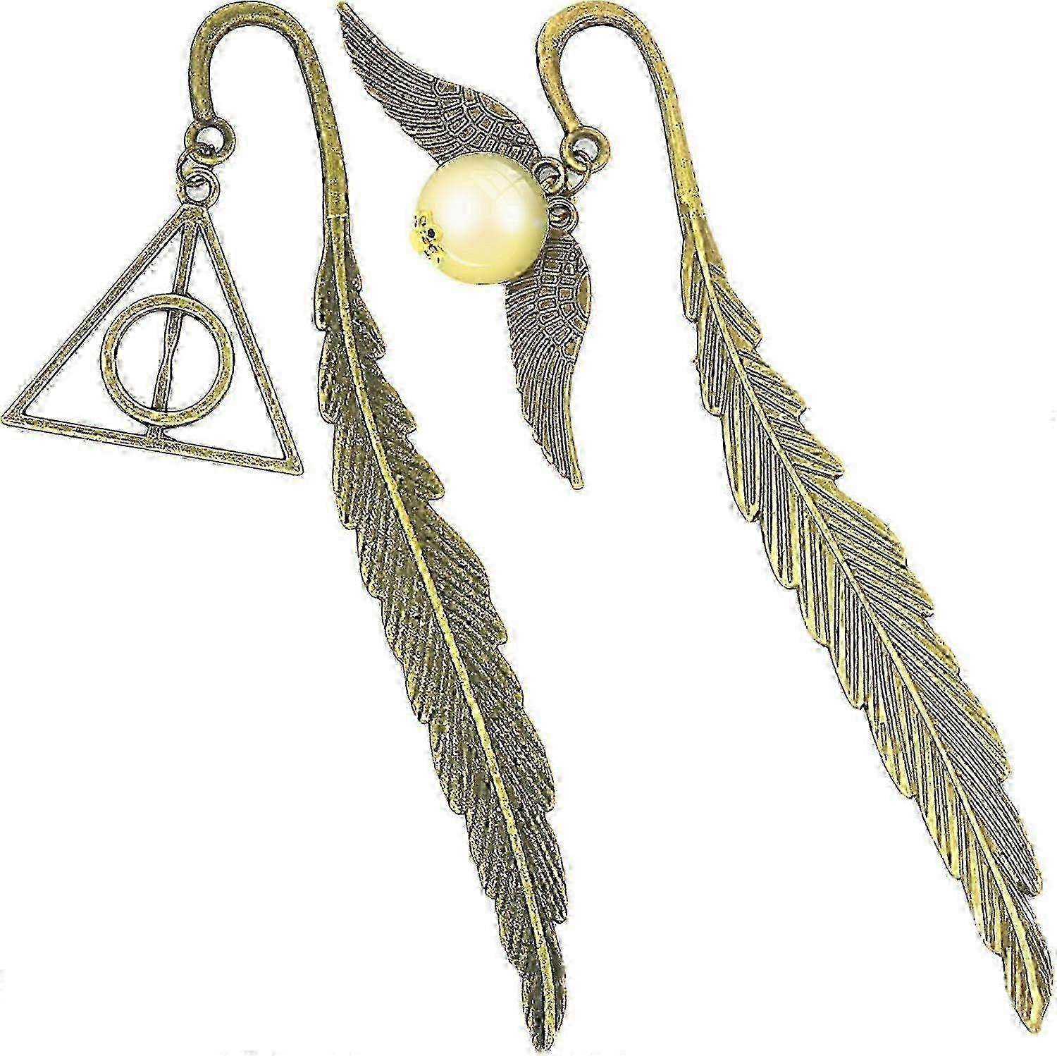 Harry Potter Themed Bookmarks Set with Feather and Golden Snitch Charm, Great Gifts Inside!