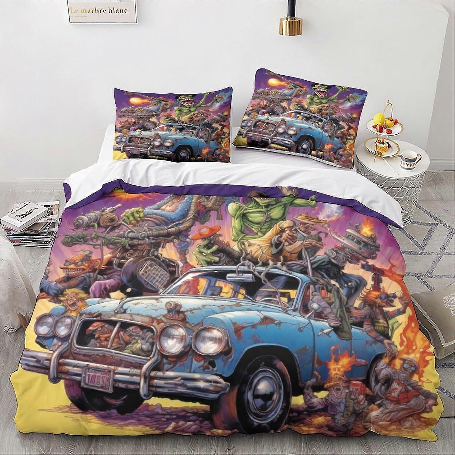 LikeEj monstros edredom capa set carro vintage impresso roupa de cama conjunto cartoon edredom capa com travesseiro shams microfibra colcha capa zíper 3 pcs duplo