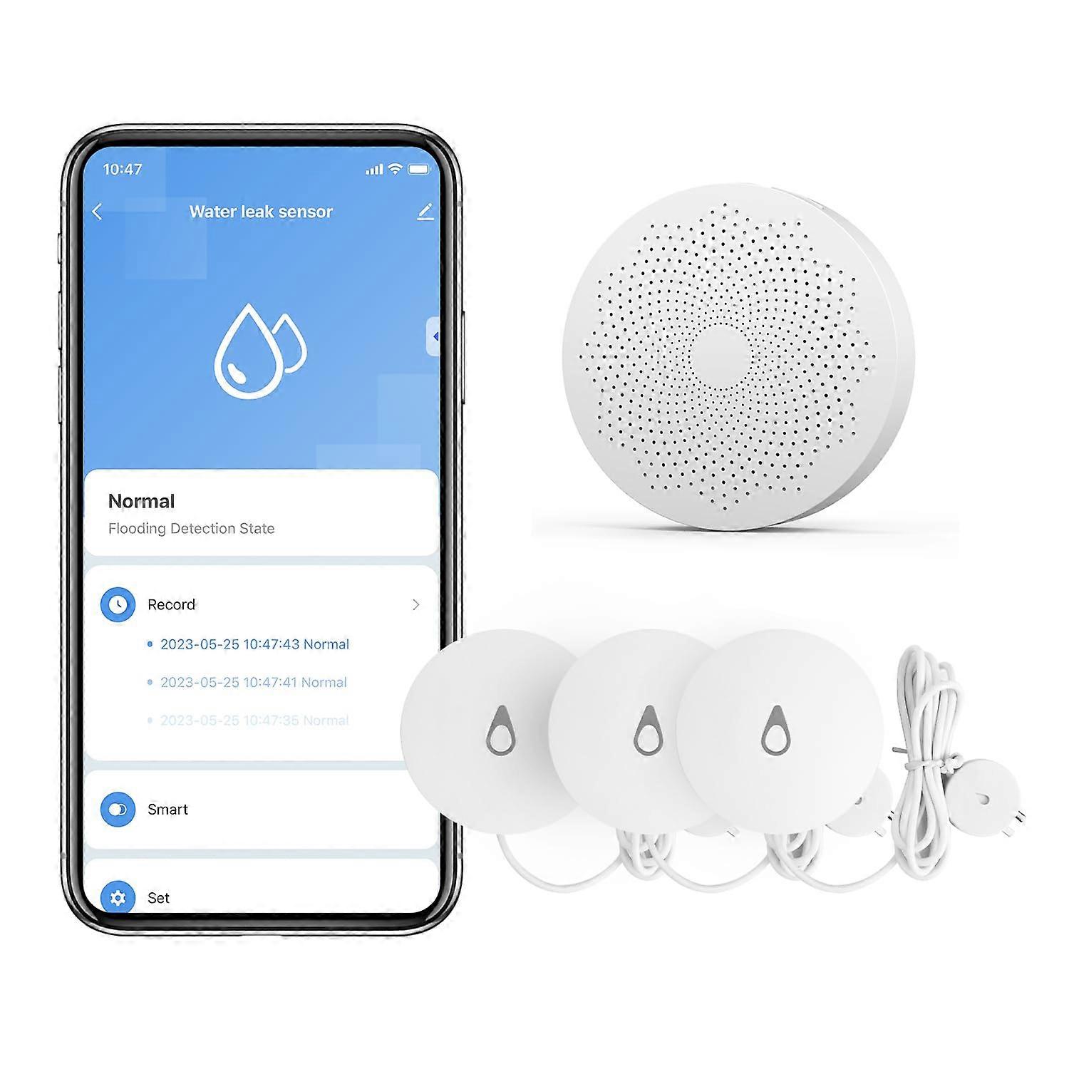 Smart Water Leak Detector Kit with Hub and 3 Sensors, 330ft Range Alarm for Kitchen Bathroom Basement, White