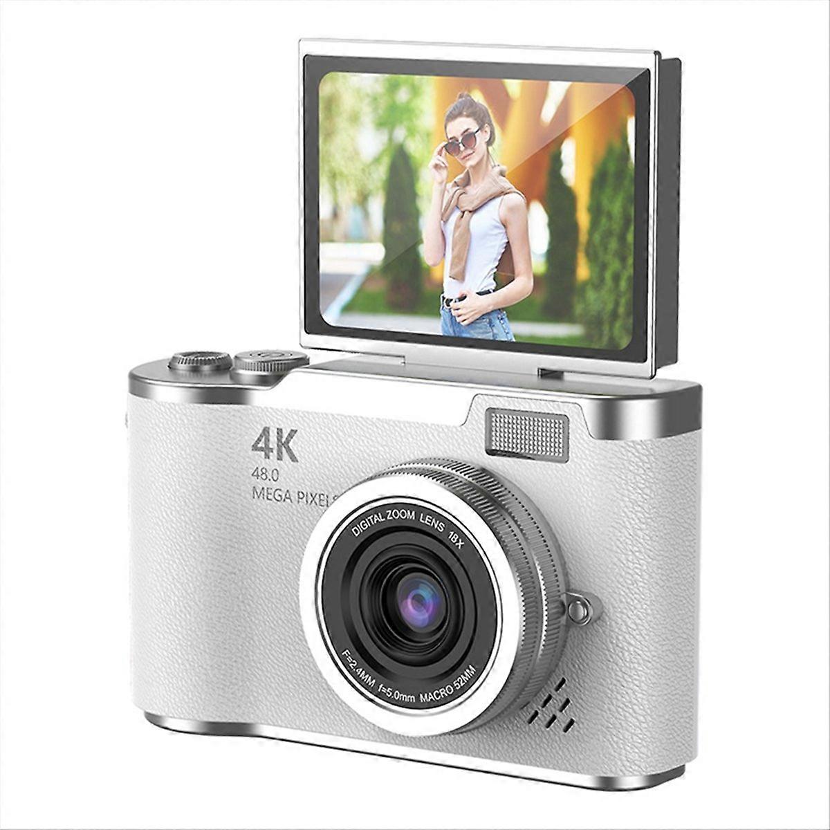 4K CCD 8X Digital Zoom Camera for Student 48MP Compact Digital P ography Camera 180 Flip Screen Selfile Camera White