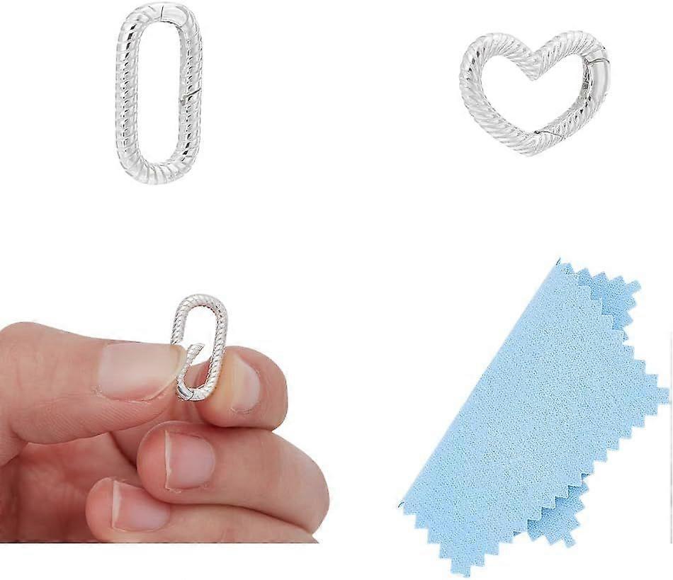 2Pcs 2 Styles 925 Sterling Silver Clasps Grooved Heart Oval Spring Gate Rings Spring Snap Clip Clasps with 1pc Polishing Cloth Springs Keyring Buckle 