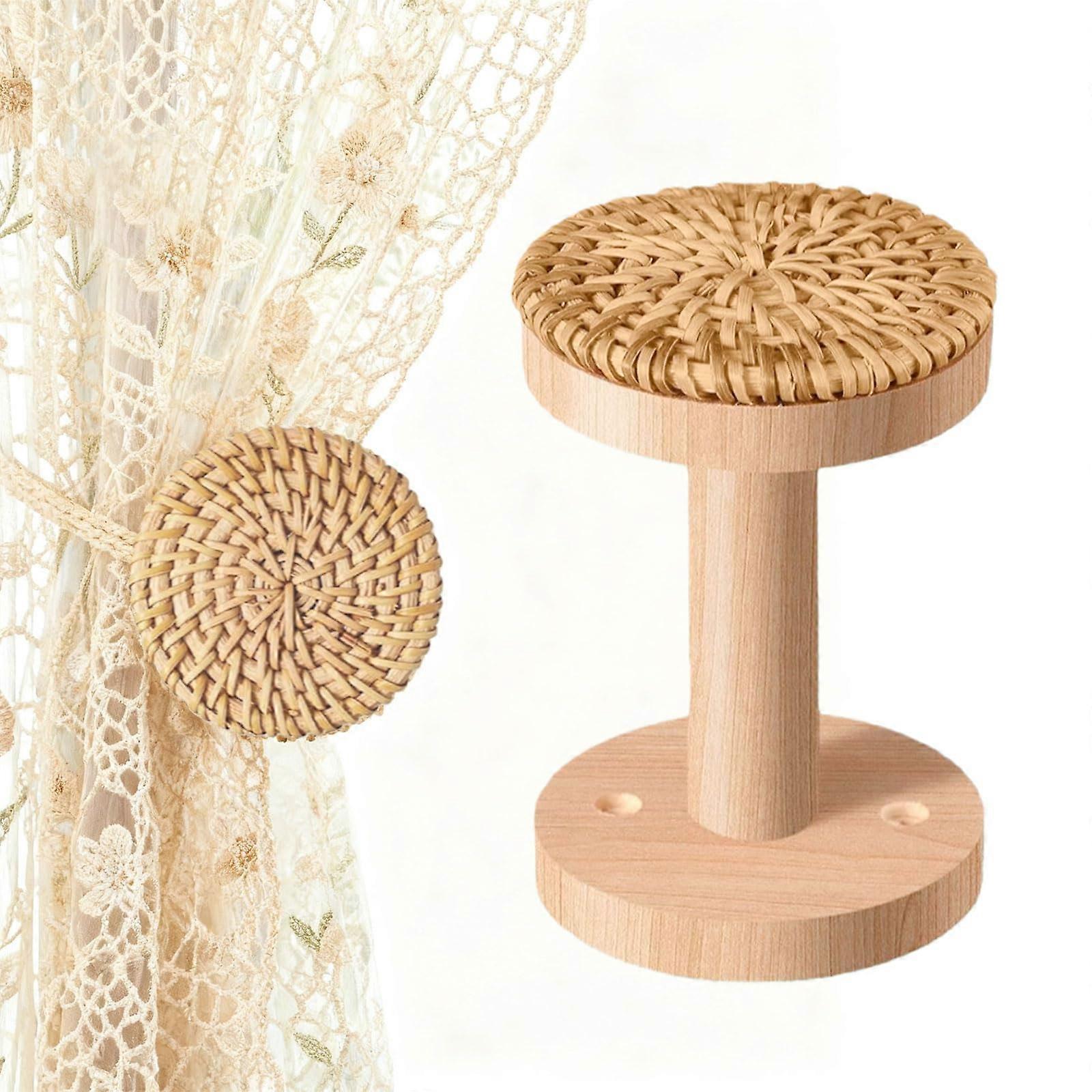 Boho Curtain Tiebacks with Wall Mounted Holdbacks, Natural Wood Set of 2 for Farmhouse Decor