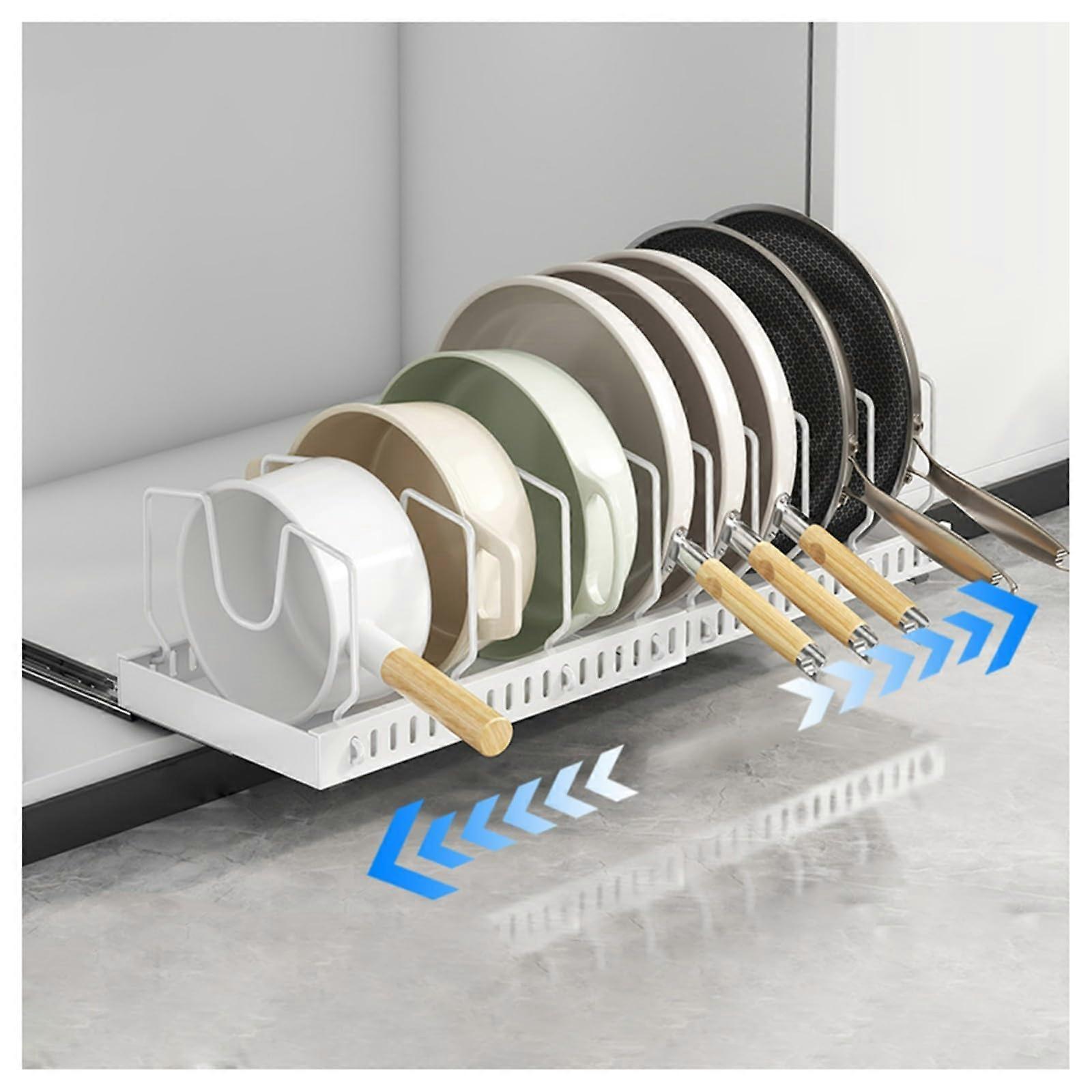 Expandable Pots and Pans Organizer Pull Out Cabinet Rack with 10 Adjustable Dividers WhiteB 2Pack