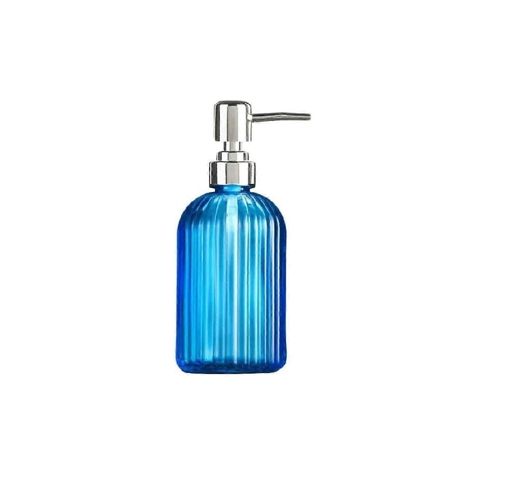 Glass Soap Dispenser with Rust Proof Stainless Pump, 14oz Lotion Container for Bathroom, Blue