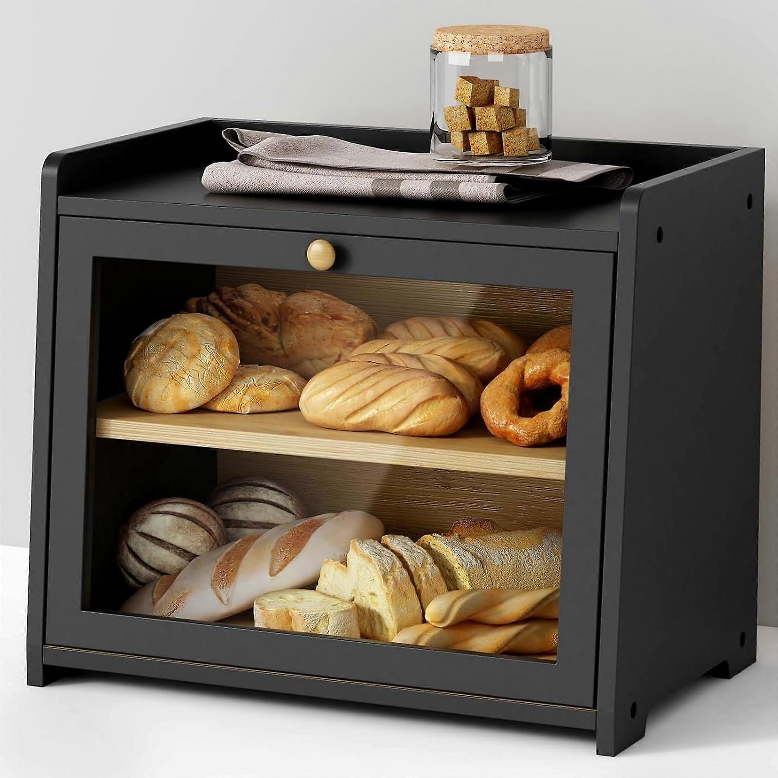 Large Bamboo Bread Box with Viewing Window, Dual Shelves, Ventilation, EcoFriendly Kitchen Storage