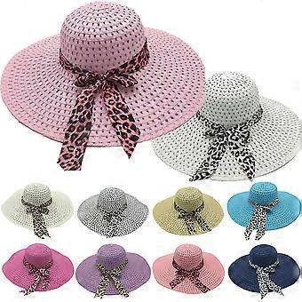 Womens Sun Straw Leopard Printed Hats Wide Brim Floppy Summer Beach Holiday Bowknot Caps 26-27