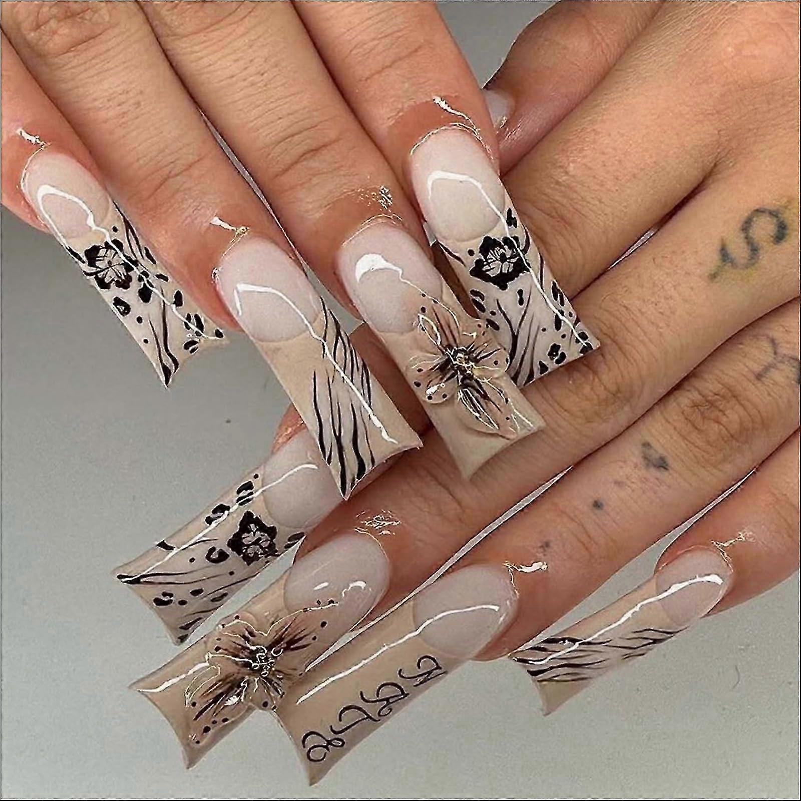French Tip Press On Nails With 3D Flowers