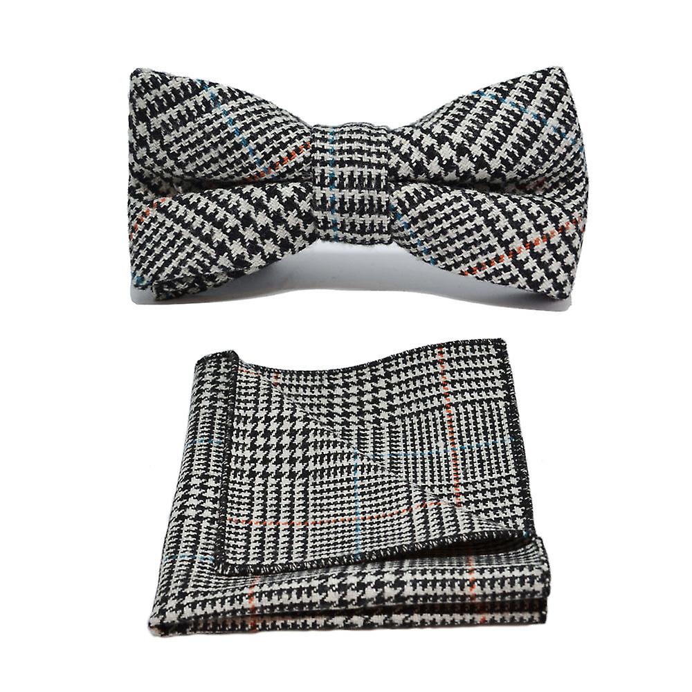 Black &amp; White Dogtooth Bow Tie &amp; Pocket Square Set