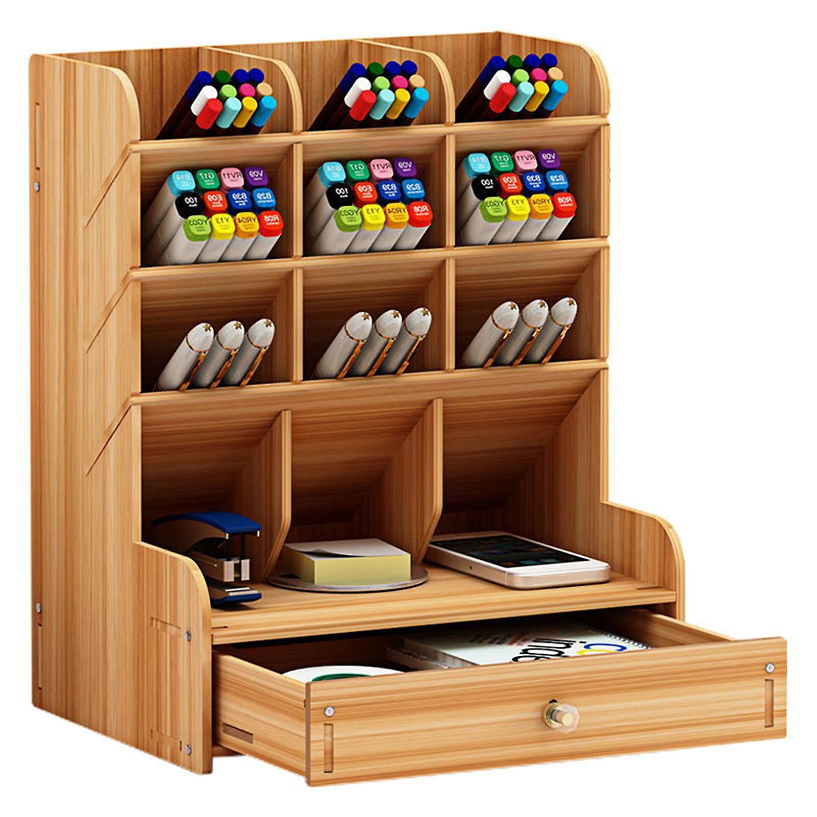 Wooden Desktop Organizer Multi-functional Pen Holder Storage Box Desktop Stationary Storage