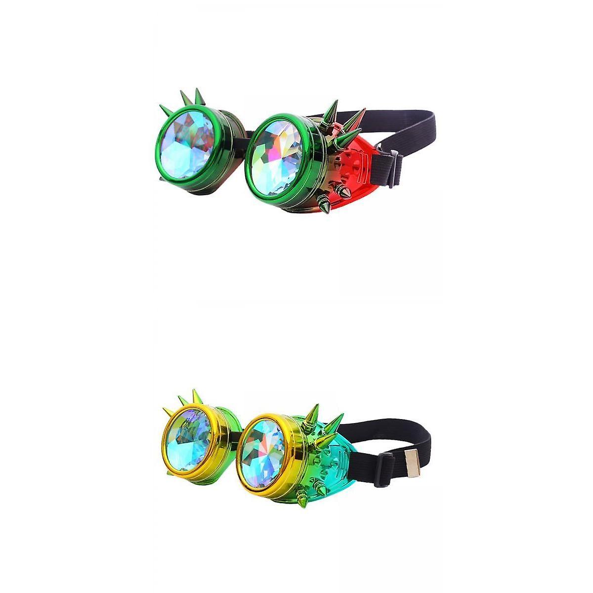 2x Gafas Rainbow Steampunk Concierto Gafas Caleidoscopio Verde+Oro