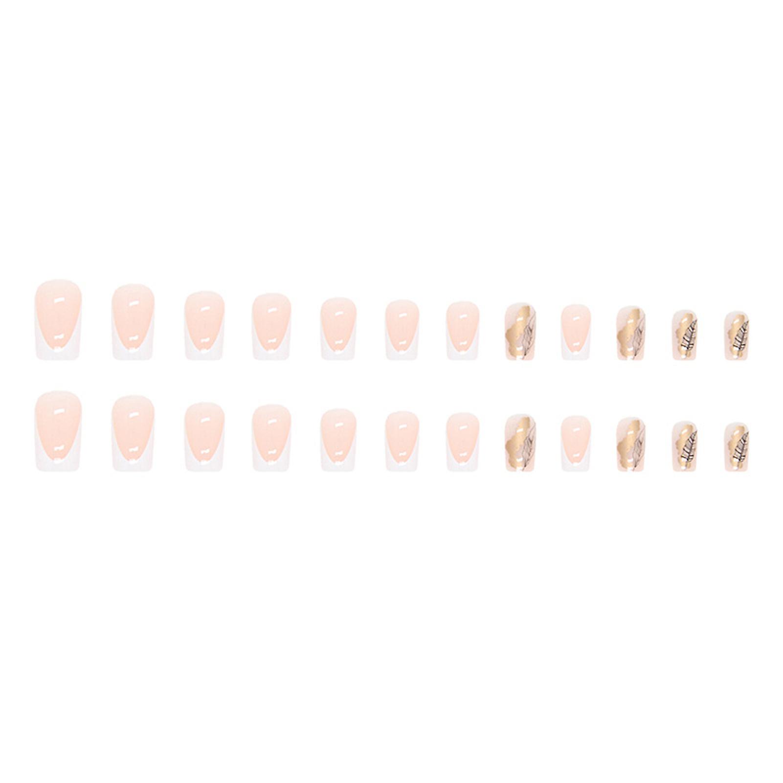 Champagne Leaf Artificial Nails Medium Length Lady Press On Nails Gift